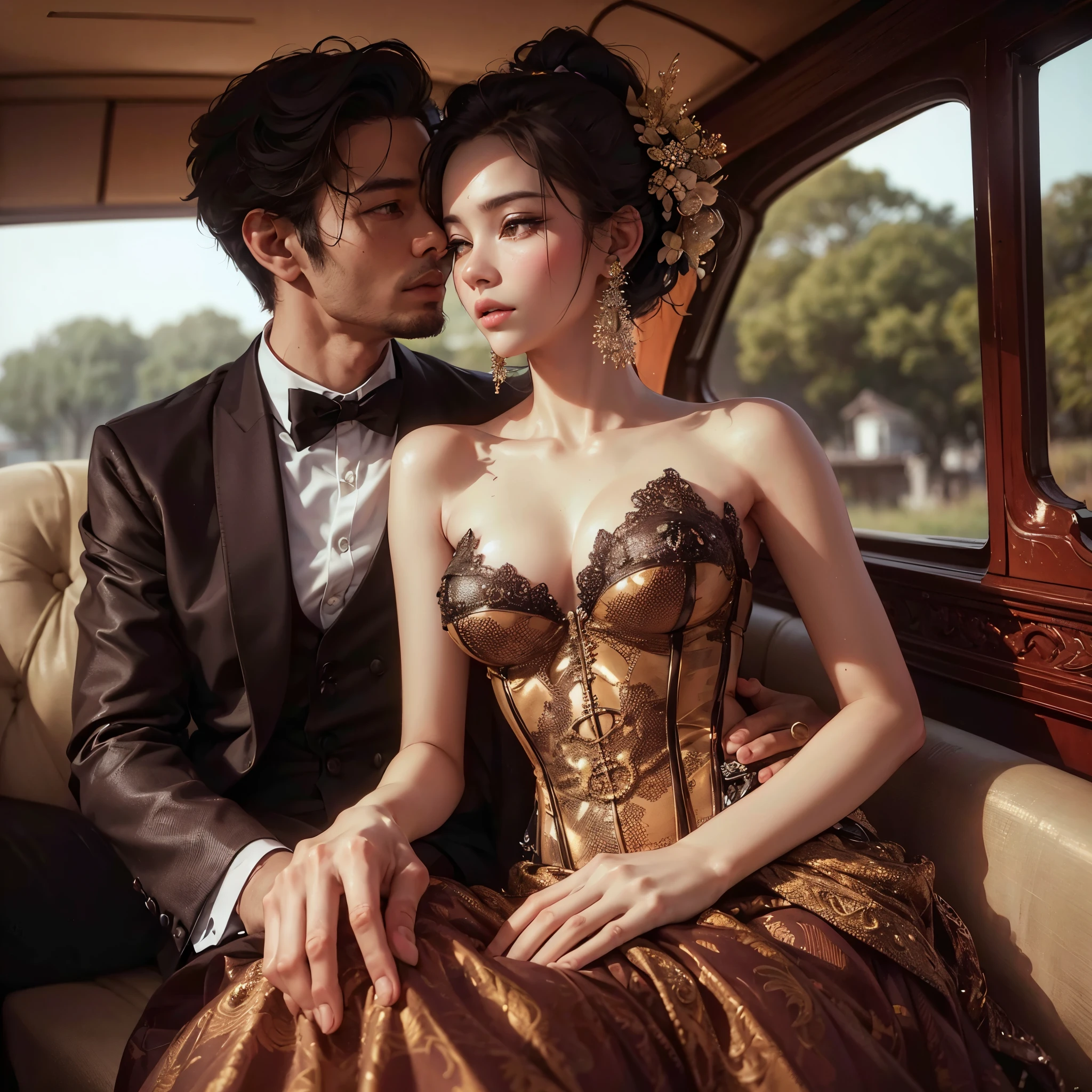 generate indonesian girl with gigantic boobs:1,9 wearing luxury bustier corset and brown color tight kebaya, batik long skirt, beautifull hand, beautifull fingers, beautifull lips, sit inside carriage kissing her handsome husband who wear tuxedo, masterpiece, hyperdetail, beautifull sunset, ambient effect, 8k, raw image, full body photoshoot, professional model, sharp eyes, lens glare, masterpiece, best quality:1.2),,(8k,highres,RAW photo,realistic,photo-realistic:1.3),(detailed skin texture,detailed cloth texture,beautiful detailed face:1.25),professional lighting,photon mapping,beautiful soft light,radiosity,physically-based rendering,raytracing, model shoot style, model shoot style, (extremely detailed CG unity 8k wallpaper), full shot body photo of the most beautiful artwork in the world, (((NSFW))), (((nude))), (completly naked))), ((nipples))