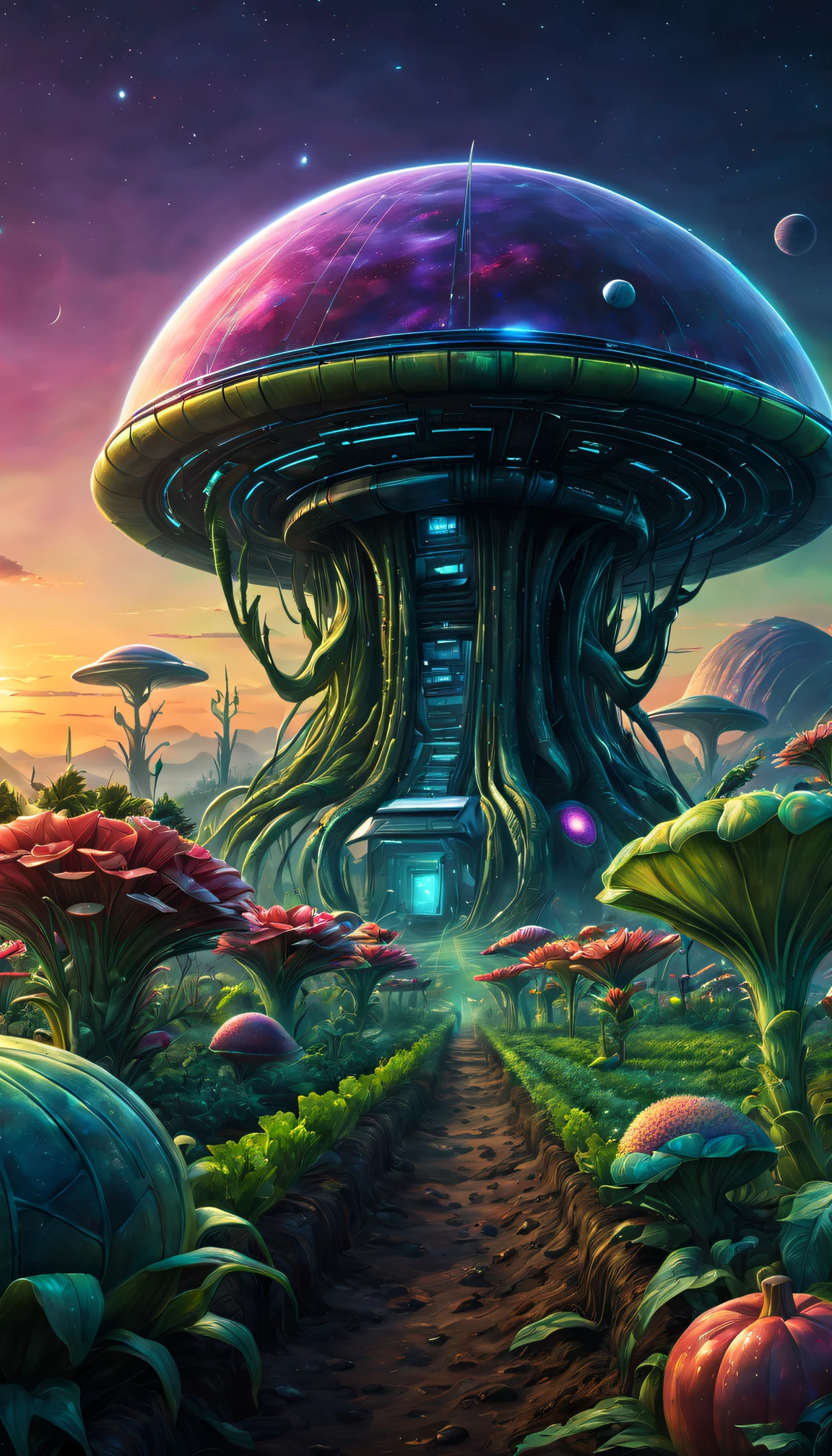 magnificent landscape painting,Alien farm life,Alien wearing futuristic farm suit,Precision、Care for crops carefully,Agricultural scenarios of the future,plethora of colors,the sunset,Abundant fruits and vegetables,Tano,fortune,Qianqian,Stack of cash on farmhouse table,Transparent dome covering the farm,Surreal atmosphere,otherworldly landscapes,Unusual alien architecture,bioluminescent plant life,Harmonious coexistence between aliens and nature,Vibrant colors blend with cosmic tones,Unique alien flora and fauna,scifi concept art。(Best quality at best,4K,8K,A high resolution,tmasterpiece:1.2),ultra - detailed,(actual,photoactual,photo-actual:1.37),