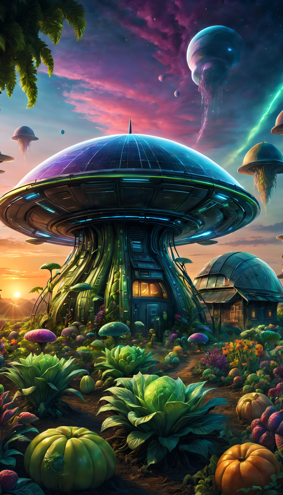magnificent landscape painting,Alien farm life,Alien wearing futuristic farm suit,Precision、Care for crops carefully,Agricultural scenarios of the future,plethora of colors,the sunset,Abundant fruits and vegetables,Tano,fortune,Qianqian,Stack of cash on farmhouse table,Transparent dome covering the farm,Surreal atmosphere,otherworldly landscapes,Unusual alien architecture,bioluminescent plant life,Harmonious coexistence between aliens and nature,Vibrant colors blend with cosmic tones,Unique alien flora and fauna,scifi concept art。(Best quality at best,4K,8K,A high resolution,tmasterpiece:1.2),ultra - detailed,(actual,photoactual,photo-actual:1.37),