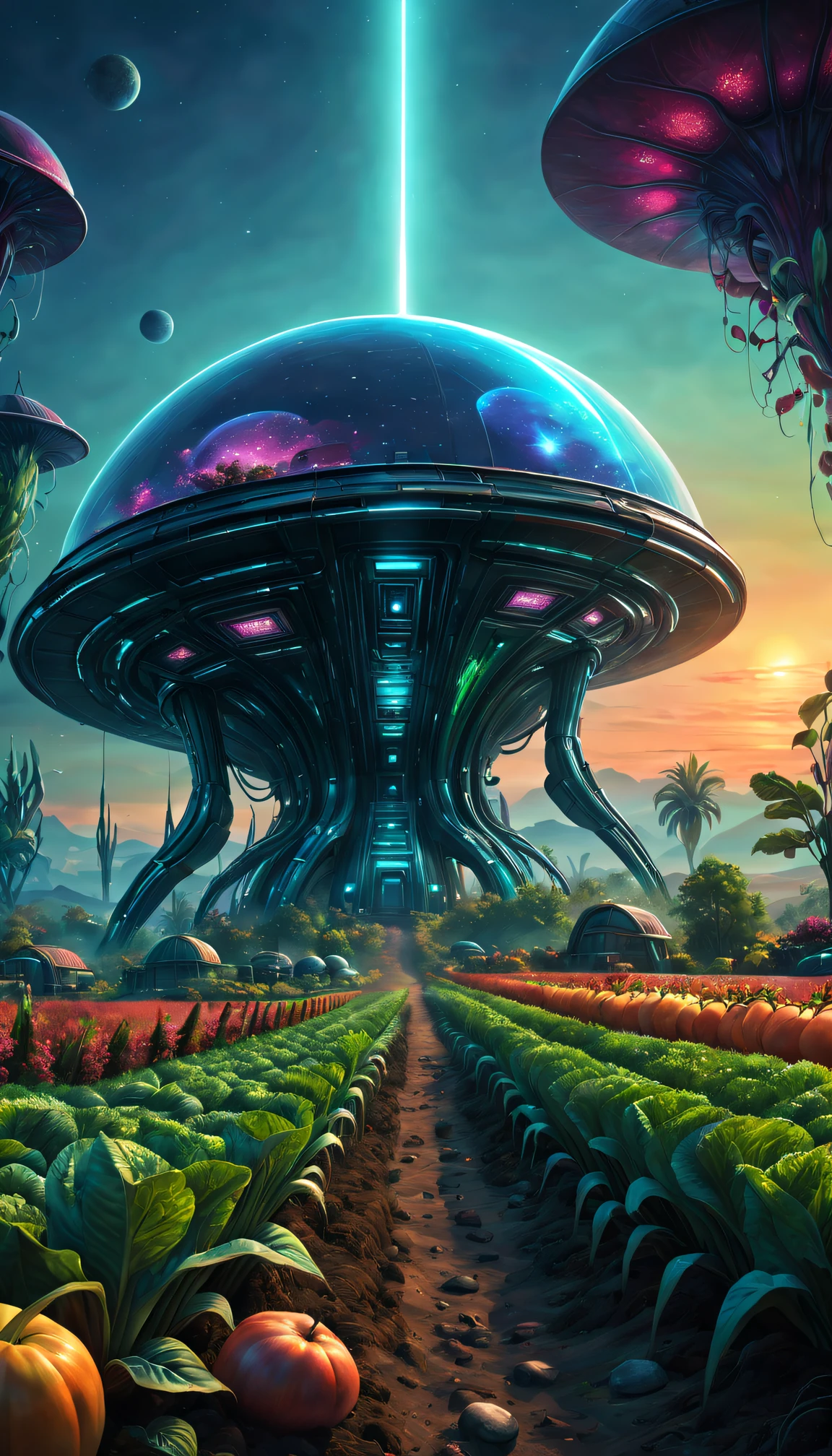 magnificent landscape painting，Alien farm life，Alien wearing futuristic farm suit，Precision、Care for crops carefully，Agricultural scenarios of the future，plethora of colors，the sunset，Abundant fruits and vegetables，Tano，fortune，Qianqian，Stack of cash on farmhouse table，Transparent dome covering the farm，Surreal atmosphere，otherworldly landscapes，Unusual alien architecture，bioluminescent plant life，Harmonious coexistence between aliens and nature，Vibrant colors blend with cosmic tones，Unique alien flora and fauna，scifi concept art。(Best quality at best,4K,8K,A high resolution,tmasterpiece:1.2),ultra - detailed,(actual,photoactual,photo-actual:1.37),