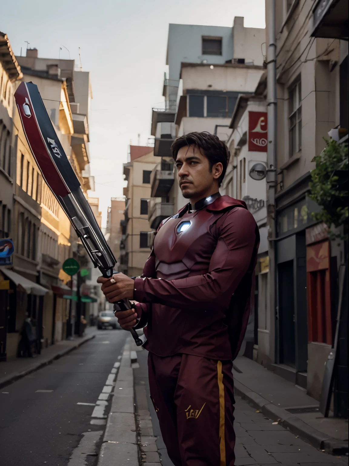 Change dress to iran man dress, change background to hero type filing , Ironman costume, best detailing, super real face, not change face, super original Ironman costume
