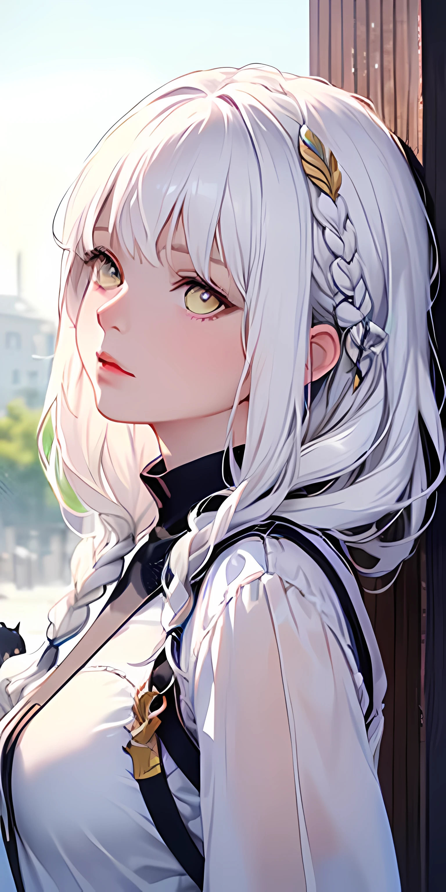 (Best quality at best, tmasterpiece:1.2), actual, Detailed gray hair, intense golden eyes, People dressed in white, Ao olhar para cima, The upper part of the body, Flowing hair, White skin of the, Side braids, (girl:catss:1.4)