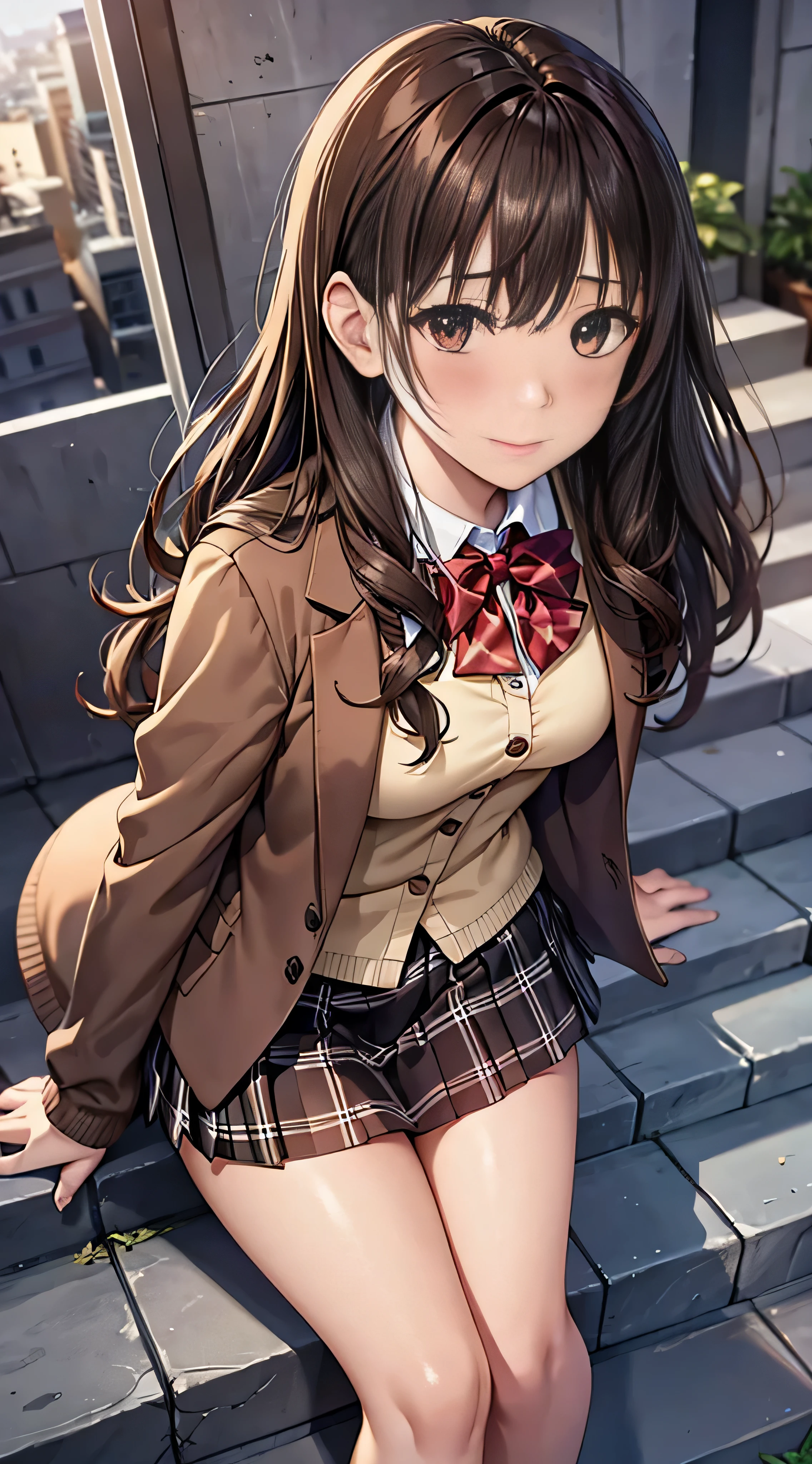((masutepiece, Best Quality, hight resolution, nffsw, Perfect Pixel,  4K, nffsw, nffsw))), 1girl in, Single, Solo, Beautie、full body seen、 ((Middle Wave Hair, Bangs, Brown hair)), ((Brown-eyed, Beautiful eyelashes, Realistic eyes)), ((Detailed face, Blushing:1.2)), ((Smooth texture:0.75, Realistic texture:0.65, Photorealistic:1.1, Anime CG style)), medium breasts, Dynamic Angle, Perfect body,  ((red bowtie, School uniform, Black jacket, Open jacket, Brown cardigan, White shirt, Black skirt, plaid skirts)), City staircase、Looking up from the bottom of the stairs、Very embarrassing panic smile, turned around、bending forward、(The wind flipped my skirt and exposed my butt....................、Touching the buttocks with both hands、White floral lace panties)、