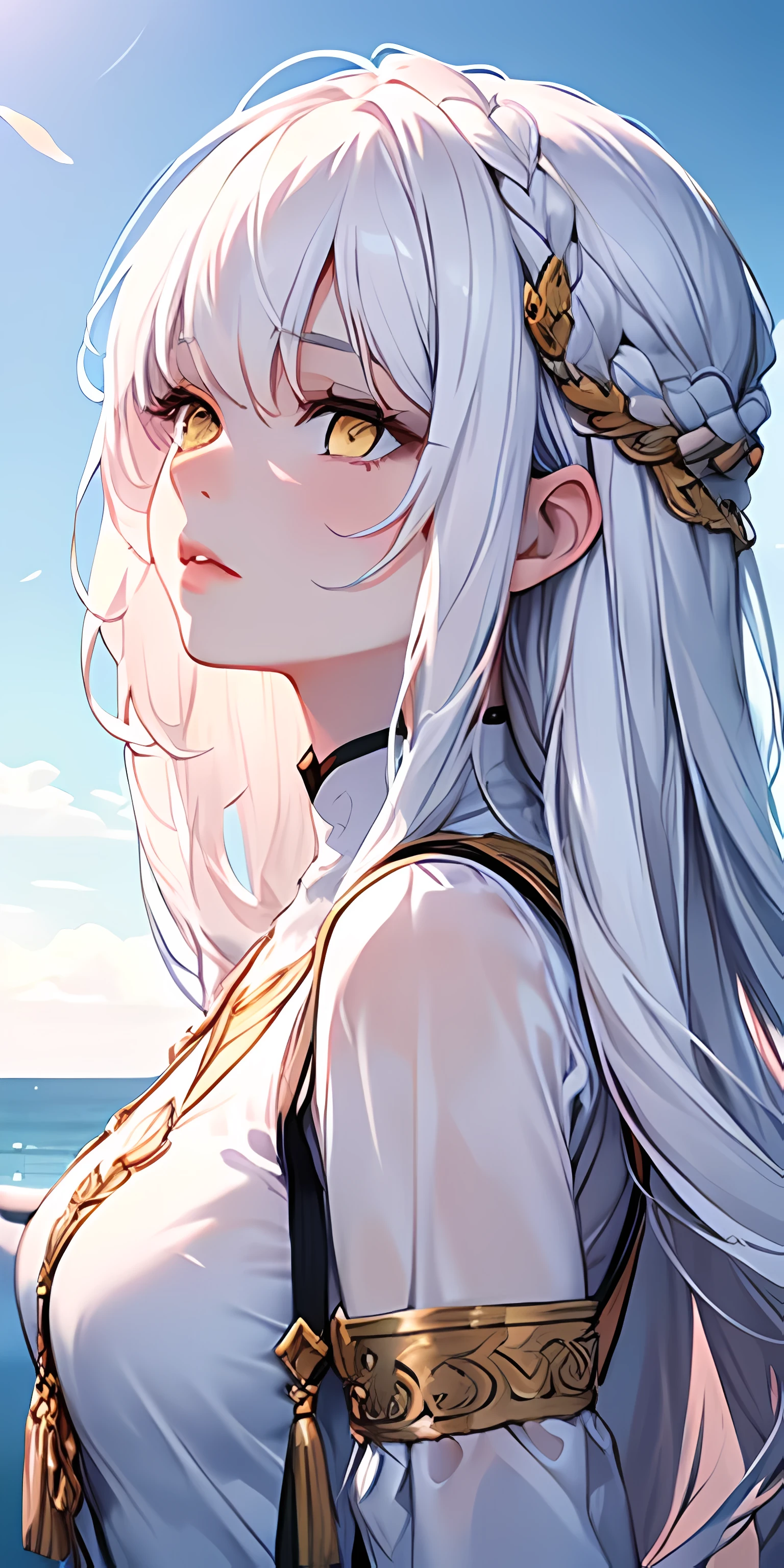 (Best quality at best, tmasterpiece:1.2), actual, Detailed gray hair, intense golden eyes, People dressed in white, Ao olhar para cima, The upper part of the body, Flowing hair, White skin of the, Side braids, (girl:catss:1.4)