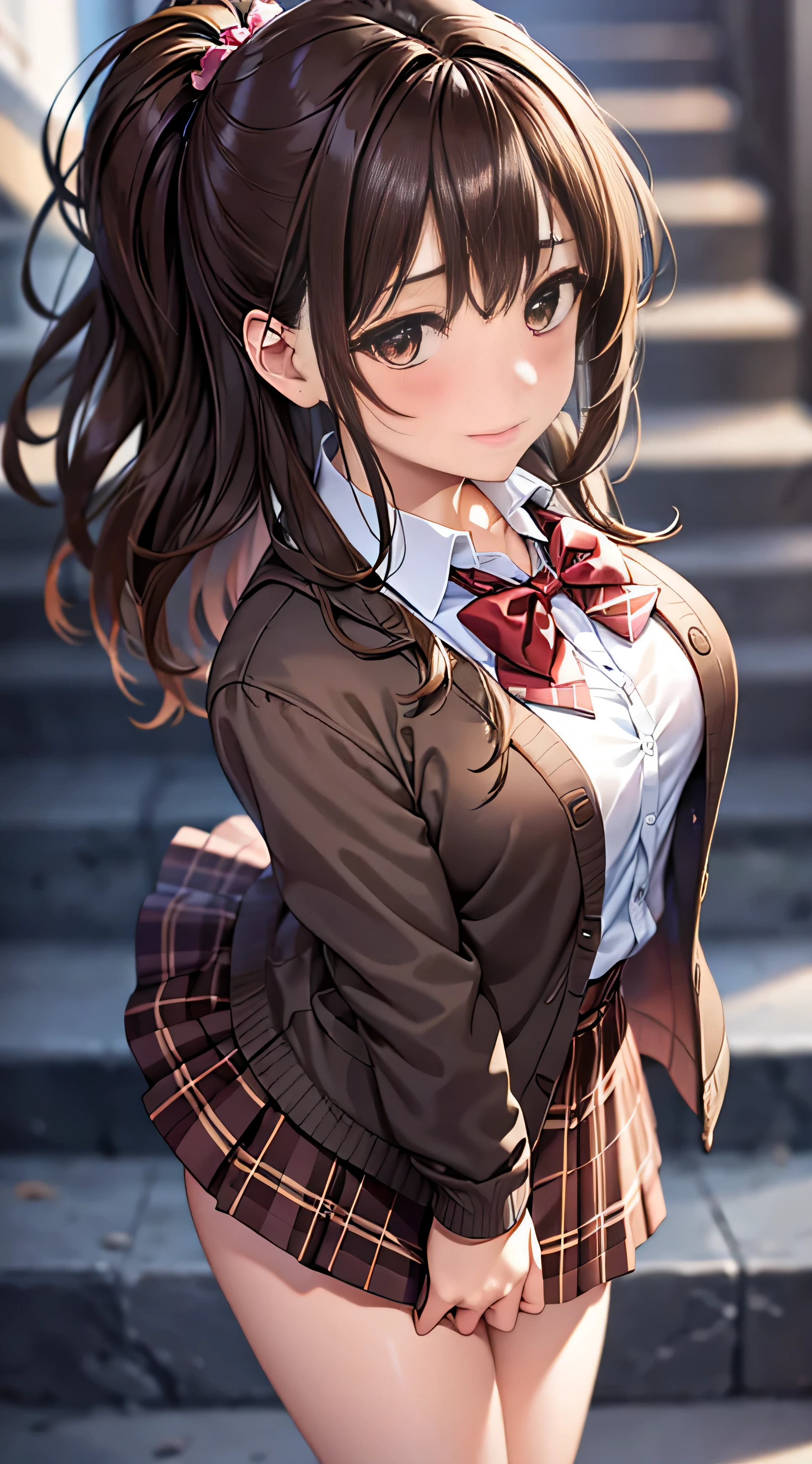 ((masutepiece, Best Quality, hight resolution, nffsw, Perfect Pixel,  4K, nffsw, nffsw))), 1girl in, Single, Solo, Beautie、full body seen、 ((Middle Wave Hair, Bangs, Brown hair)), ((Brown-eyed, Beautiful eyelashes, Realistic eyes)), ((Detailed face, Blushing:1.2)), ((Smooth texture:0.75, Realistic texture:0.65, Photorealistic:1.1, Anime CG style)), medium breasts, Dynamic Angle, Perfect body,  ((red bowtie, School uniform, Black jacket, Open jacket, Brown cardigan, White shirt, Black skirt, plaid skirts)), City staircase、Looking up from the bottom of the stairs、Very embarrassing panic smile, turned around、bending forward、(The wind flipped my skirt and exposed my butt....................、Touching the buttocks with both hands、White floral lace panties)、