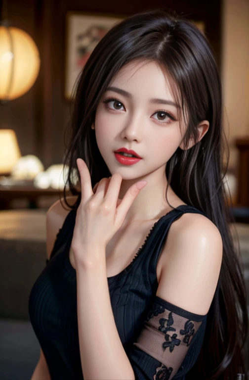 Detailed female face looking at camera, dark brown eyes, Hot thick red lips, Sensually open your mouth, Fix a deformed finger, Photorealistic, sharp eye, (((Eyes on the camera)))