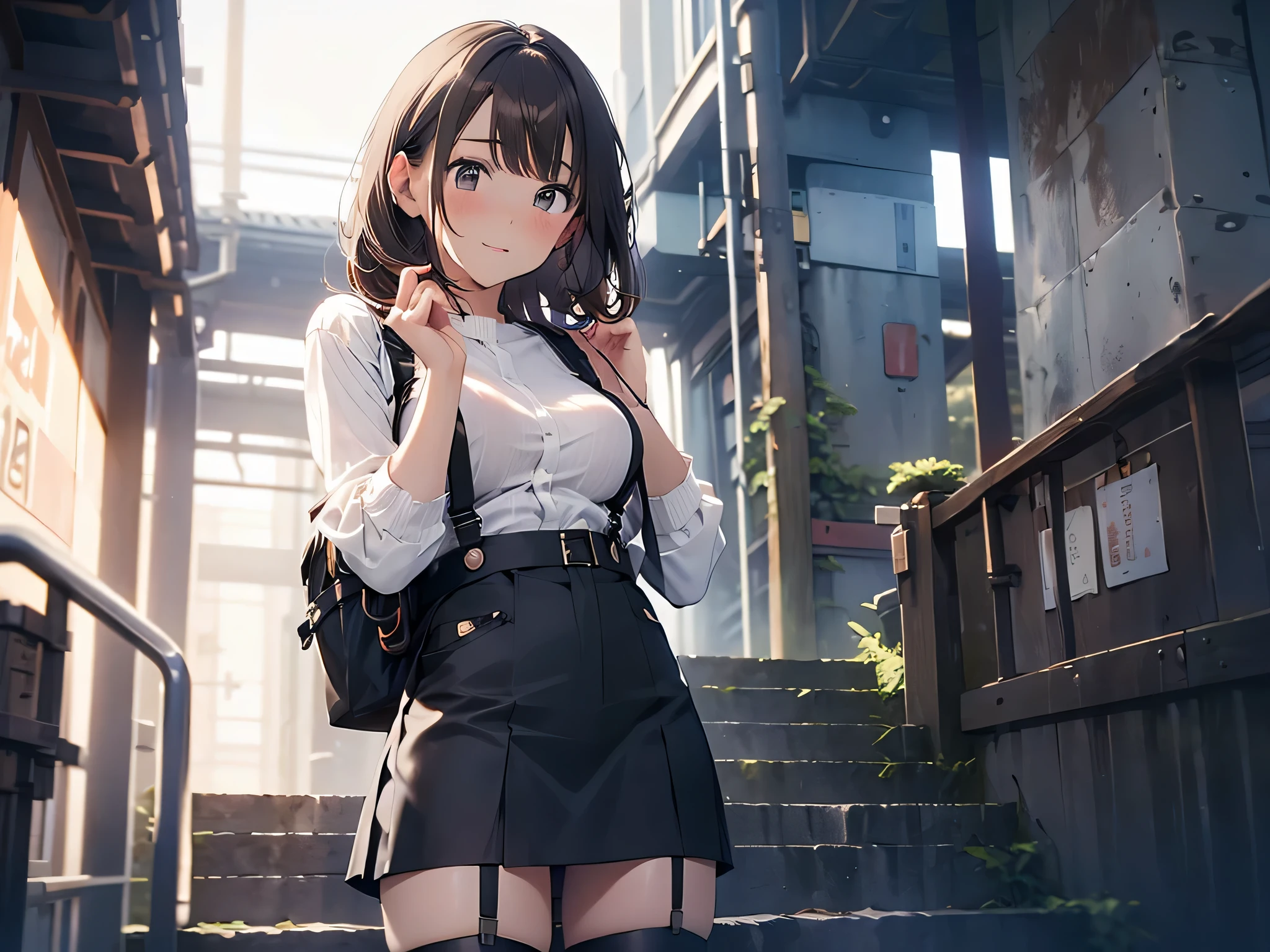 Brown hair、watching at viewers black suspenders bulging big tits walls: Black miniskirt garters Gaze a small face bangss holster Beautuful Women Hands up レッグholster ベッドに横たわる Gaze black boots panty shot Provocation flank flank汗 Soio arms are