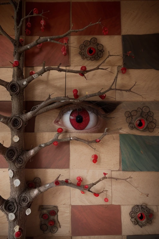 there is a picture of a tree with red eyes on it