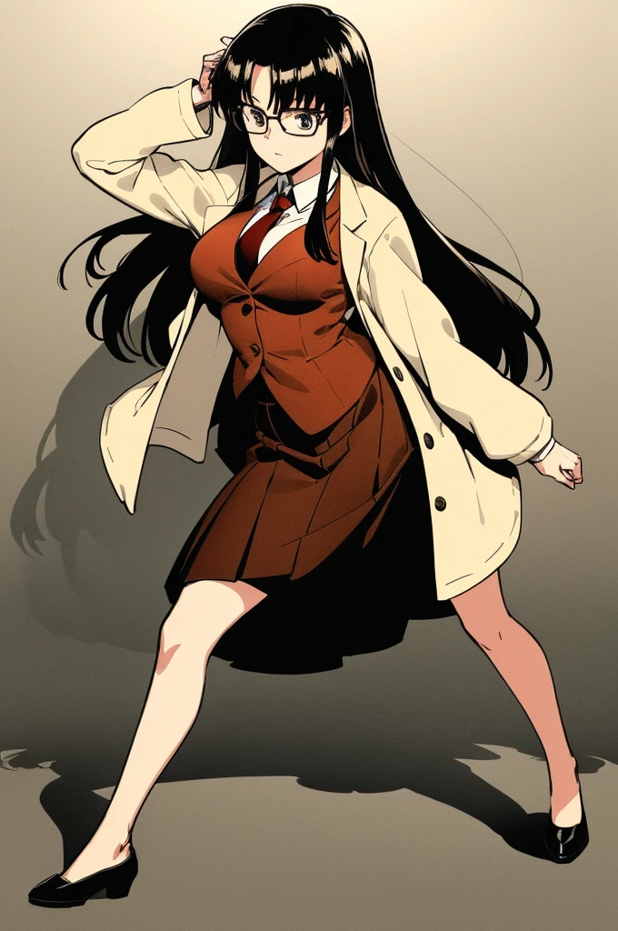 (masterpiece, best quality, ultra detailed), delicate pattern, detailed background, detailed face, 
1girl, solo, serious, active pose,

yomikoreadman, (brown_vest, waistcoat), white_shirt,  red_necktie, dark brown long skirt, glasses,  (lots of  dancing, flyinonoCream, black and white, monochrome, high-contrast,full body