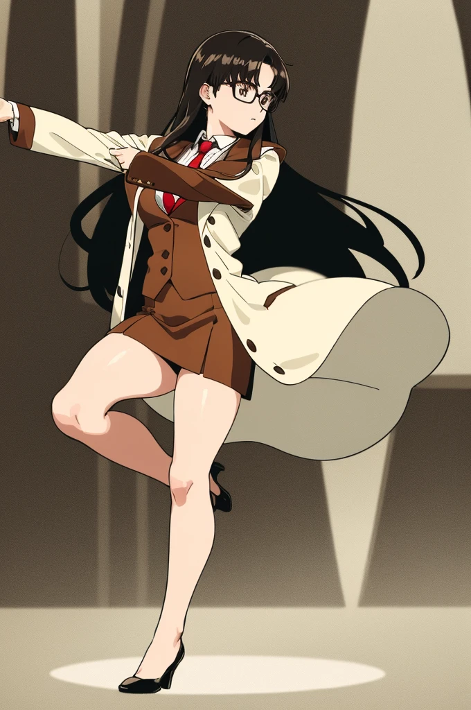 (masterpiece, best quality, ultra detailed), delicate pattern, detailed background, detailed face, 
1girl, solo, serious, active pose,

yomikoreadman, (brown_vest, waistcoat), white_shirt,  red_necktie, dark brown long skirt, glasses,  (lots of  dancing, flyinonoCream, black and white, monochrome, high-contrast,full body