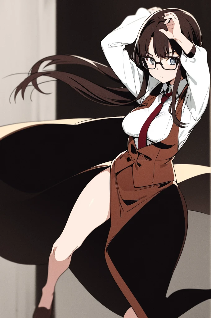 (masterpiece, best quality, ultra detailed), delicate pattern, detailed background, detailed face, 
1girl, solo, serious, active pose,

yomikoreadman, (brown_vest, waistcoat), white_shirt,  red_necktie, dark brown long skirt, glasses,  (lots of  dancing, flyinonoCream, black and white, monochrome, high-contrast,full body