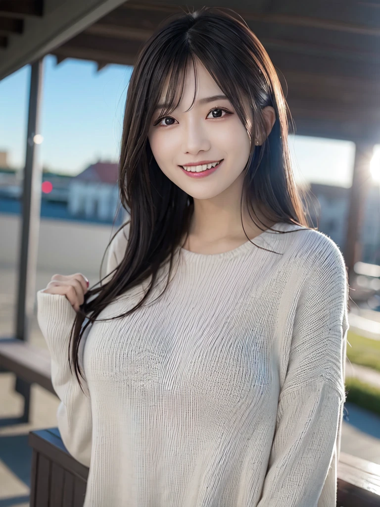 a girl, cosy sweater on, upper body, (huge Laughing:1.1), (open mouth:1.1), (wide open eyes:1.2), sun glare, bokeh, depth of field, blurry background, light particles, strong wind, (heart particles:1.1)