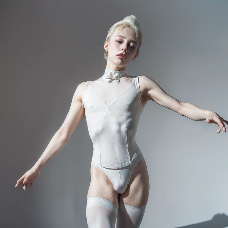 ((empty background, empty scenery), masterpiece, best quality, dreamlike, hyperrealistic, weak androgynous male, chess ballet, white lost, your puppet white king will be castrated because you played as white and lost, ballet tights, male crotch bulge, buttocks:1.35)