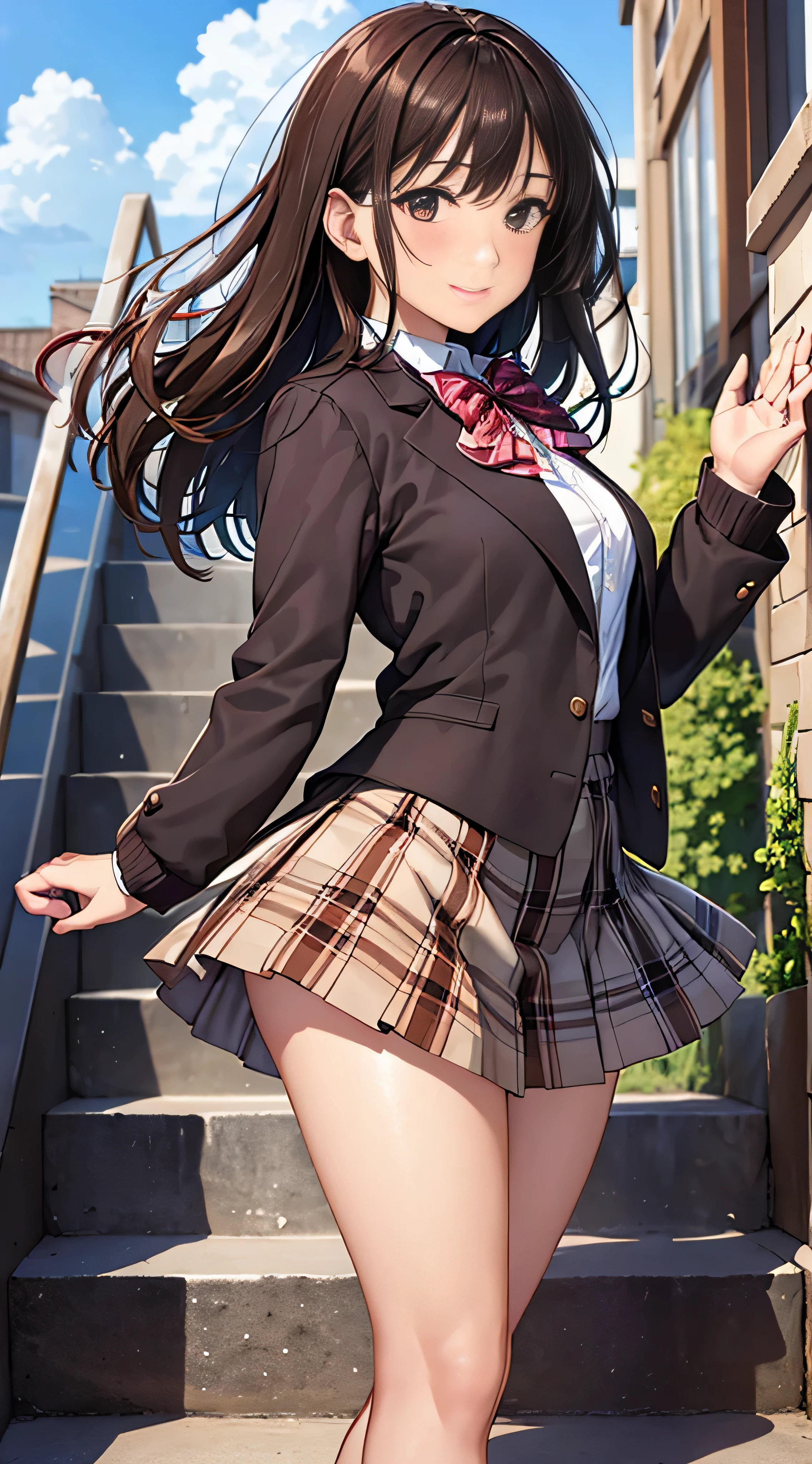 ((masutepiece, Best Quality, hight resolution, nffsw, Perfect Pixel, 4K, nffsw, nffsw))), 1girl in, Single, Solo, Beautie、full body seen、 ((Middle Wave Hair, Bangs, Brown hair)), ((Brown-eyed, Beautiful eyelashes, Realistic eyes)), ((Detailed face, Blushing:1.2)), ((Smooth texture:0.75, Realistic texture:0.65, Photorealistic:1.1, Anime CG style)), medium breasts, Dynamic Angle, Perfect body, ((red bowtie, School uniform, Black jacket, Open jacket, Brown cardigan, White shirt, Black skirt, plaid skirts)), City staircase、Looking up from the bottom of the stairs、Very embarrassing panic smile, turned around、bending forward、(The wind flipped my skirt and exposed my butt....................、Touching the buttocks with both hands、Pink floral lace panties)、