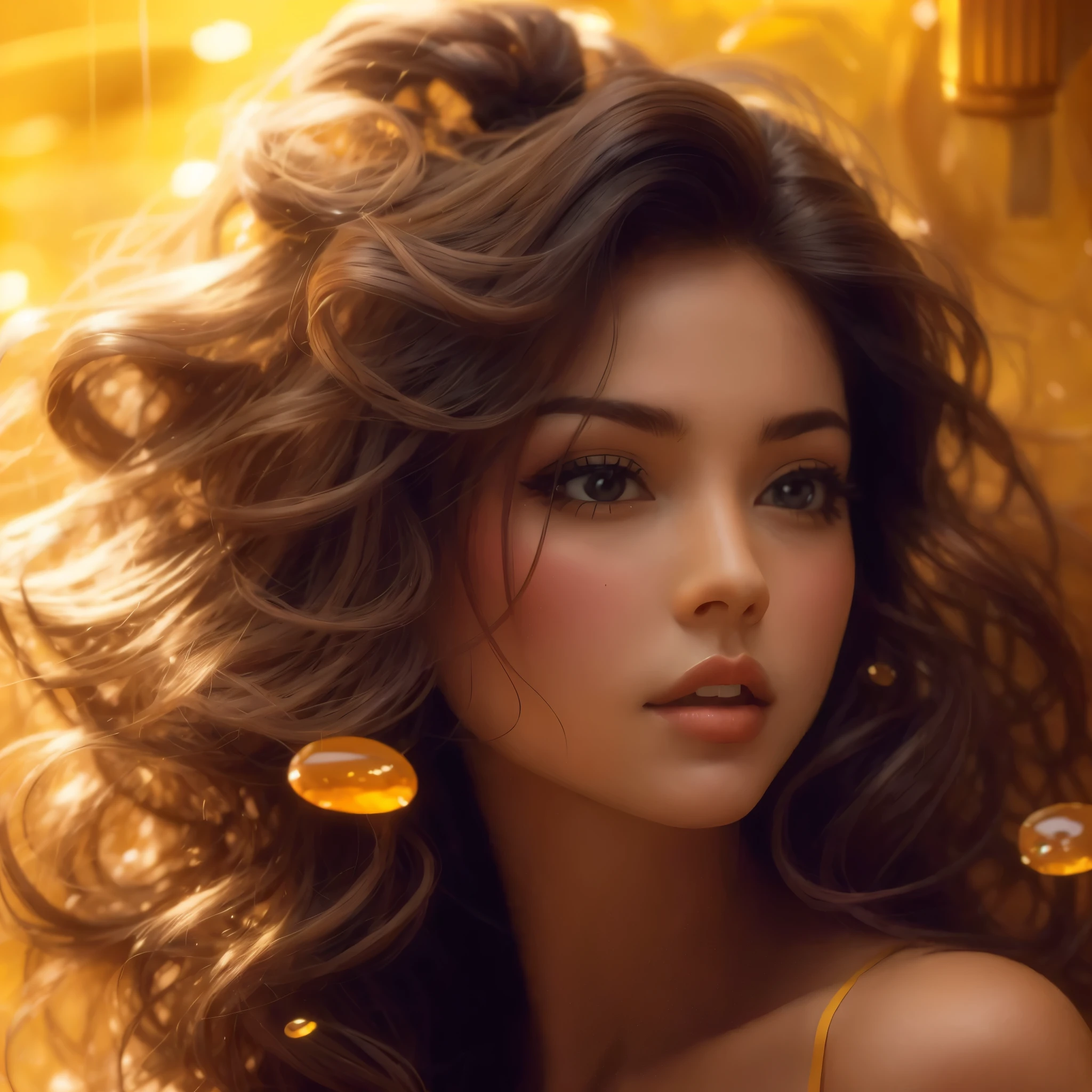 Arafe woman in a yellow dress holding gold coins, beautiful yellow woman, Beautiful digital artwork, karol bak uhd, Wavy hair yellow theme, beautiful gorgeous digital art, beautiful fantasy art portrait, Beautiful digital art, very Beautiful digital art, gorgeous digital art, Gorgeous Digital Painting, glowing flowing hair, 8 k realistic digital art, realistic digital art 4 k,honey,royal honey 0