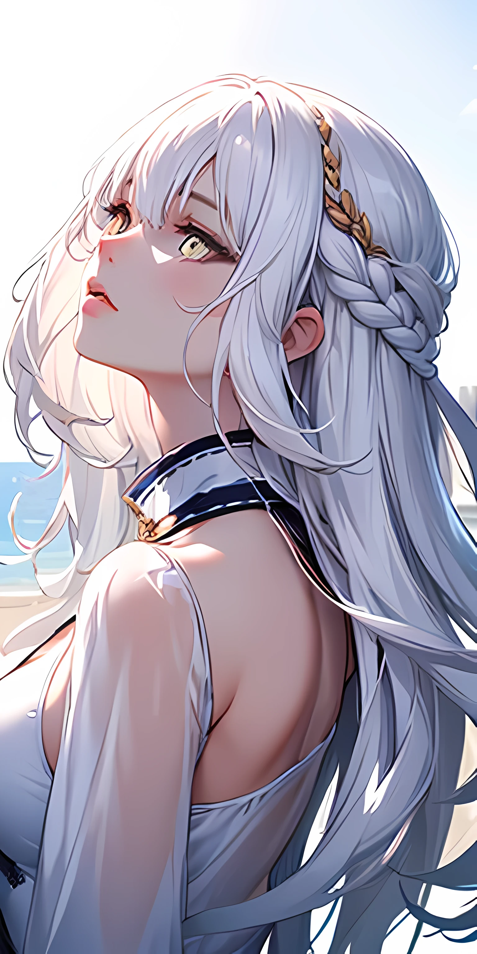 (Best quality at best, tmasterpiece:1.2), actual, Detailed gray hair, intense golden eyes, People dressed in white, Ao olhar para cima, The upper part of the body, Flowing hair, White skin of the, Side braids, (girl:catss:1.4)