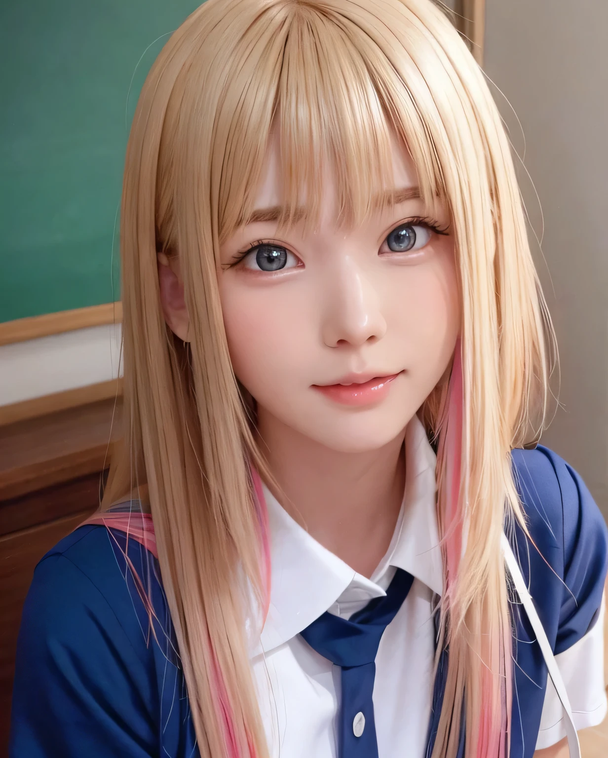 Very beautiful face、Super long silky blonde hair、Swaying bangs、20 years old cute 、 heterochromia iridis, (colourfull:1.5), 、A neat and very cute beautiful girl、Pure white beautiful skin、young skin shiny on the cheeks,、School Uniforms、a sailor suit、bright expression