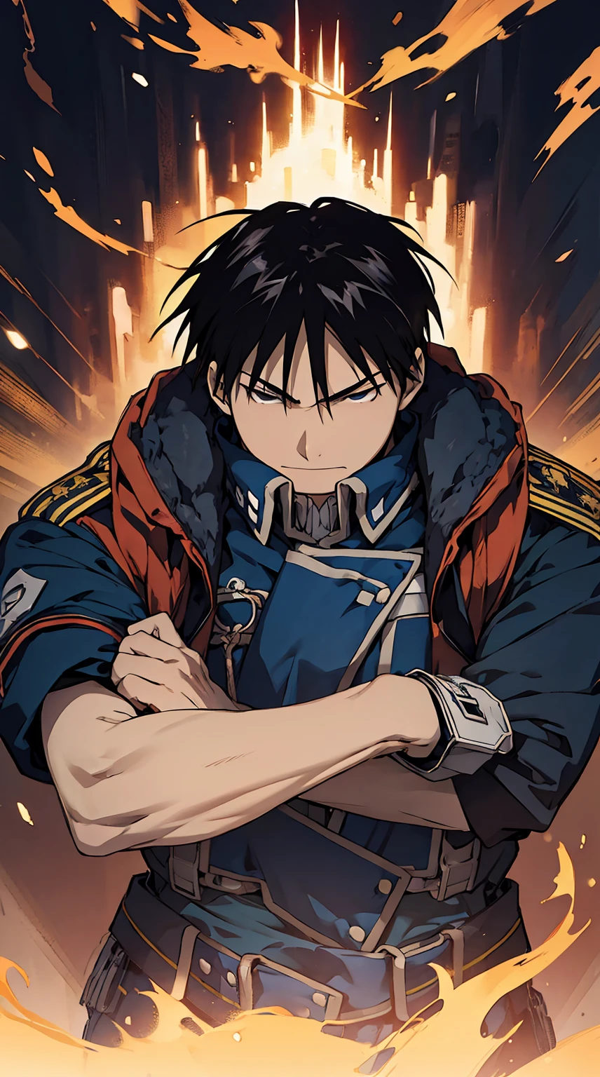 (Roy Mustang,Fullmetal Alchemist),***ung man,solo, male photo,calm and composed,blazing flame,best quality,masterpiece