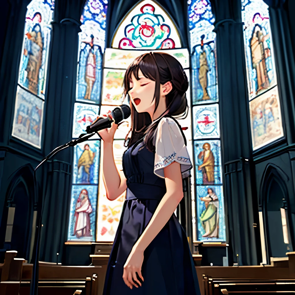 ((Best Quality)), ((Masterpiece)), (detailed), wide church, A woman in her 20s holding a microphone, upper half body, closing eyes, sing,