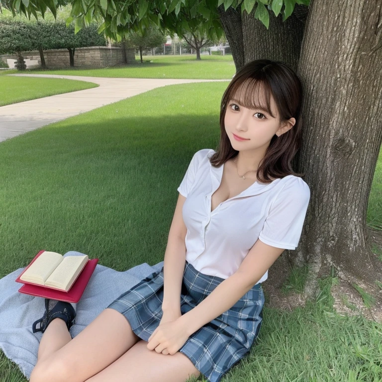 8K分辨率、Ultra-high-definition CG images、1girl in, japanaese girl, ((Cloud Park、Sitting on the grass leaning against a tree, Reading a book, Knees together, Feet apart, ((up skirt)),My chest is open.、cleavage of the breast、 Exposed vagina:1.2)), (hairy:1.1), (Pubic hair:1.1), (view from front, low angles:1.3), ((Medium Chest 1.2))Onepiece, Detailed, Precise limbs、High resolution, ultra-quality, Super masterpiece, Colored leaves,