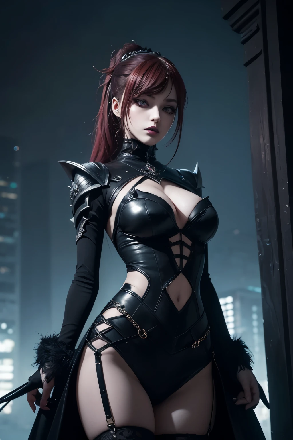 nfused with the essence of Gothic art and anime aesthetics, this ultra-detailed illustration features a captivating female anime villain in a dark and futuristic setting. Created by the talented MSchiffer, the vector art master, this piece combines the edgy vibes of League of Legends with the eerie atmosphere of Darkest Dungeon.At the center of the composition stands the protagonist, a mesmerizing and sinister character with a cute yet haunting face. Her bold gothic makeup enhances her mysterious allure, with dark, expressive eyes and deep-colored lipstick. A wild cascade of dark auburn/ginger hair, tied into a high ponytail, flows dynamically, framing her face.Dressed in dark, intricate clothing, she wears a stylish miniskirt and a crop top, showcasing a perfect blend of elegance and menace. Thigh-high stockings complete her enigmatic ensemble, adding to the overall dark allure.The backdrop unfolds into an ultra-detailed futuristic cityscape. The city, adorned with towering skyscraper