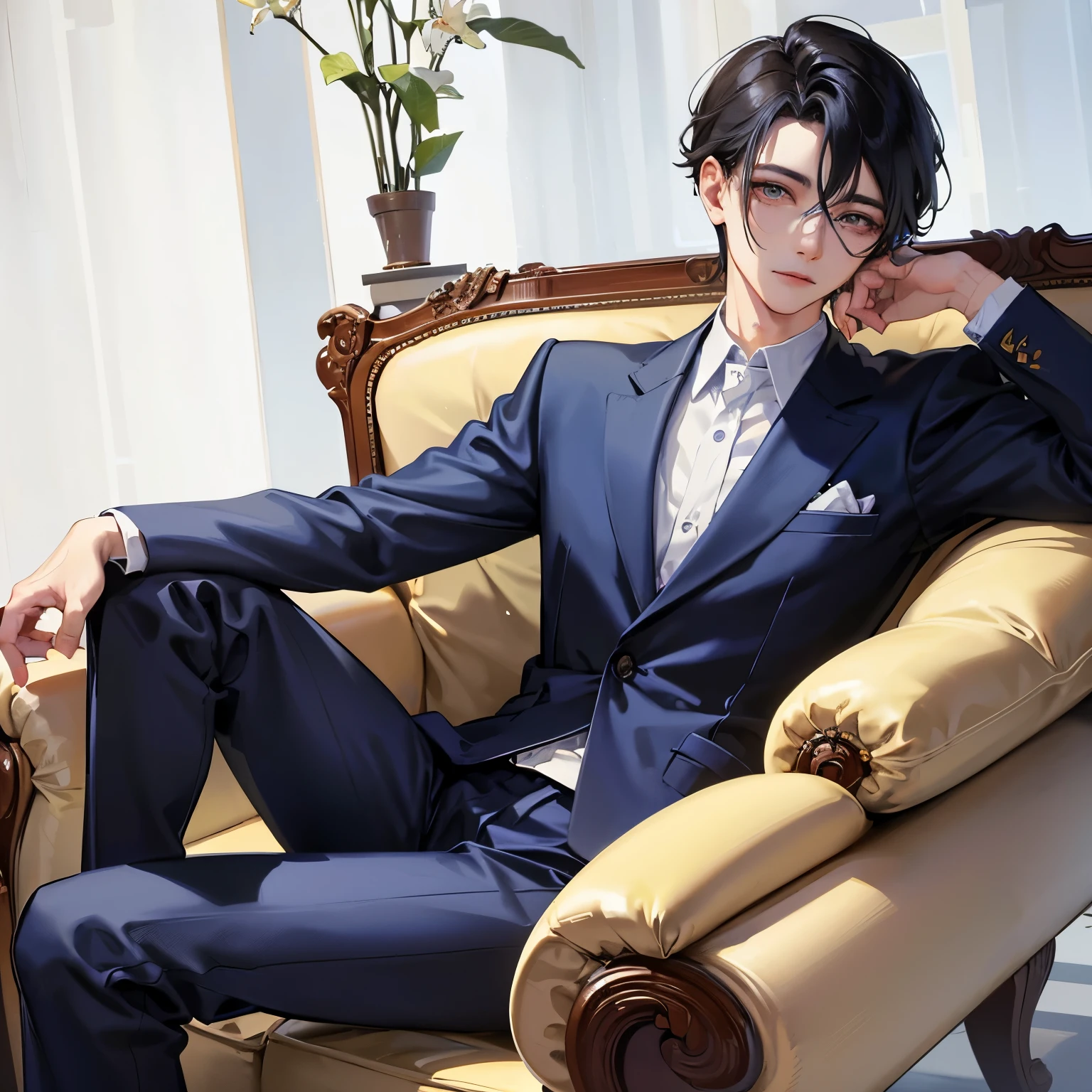 Adonis、Dressed in a suit、Boy with black hair、Straight face、A detailed face、1 boy、Classic、Arrogant man、top grade、Center division、Forehead、Mole、One Man、A sexy、Sit on a luxury sofa、cross one's legs、Wear blue clothes