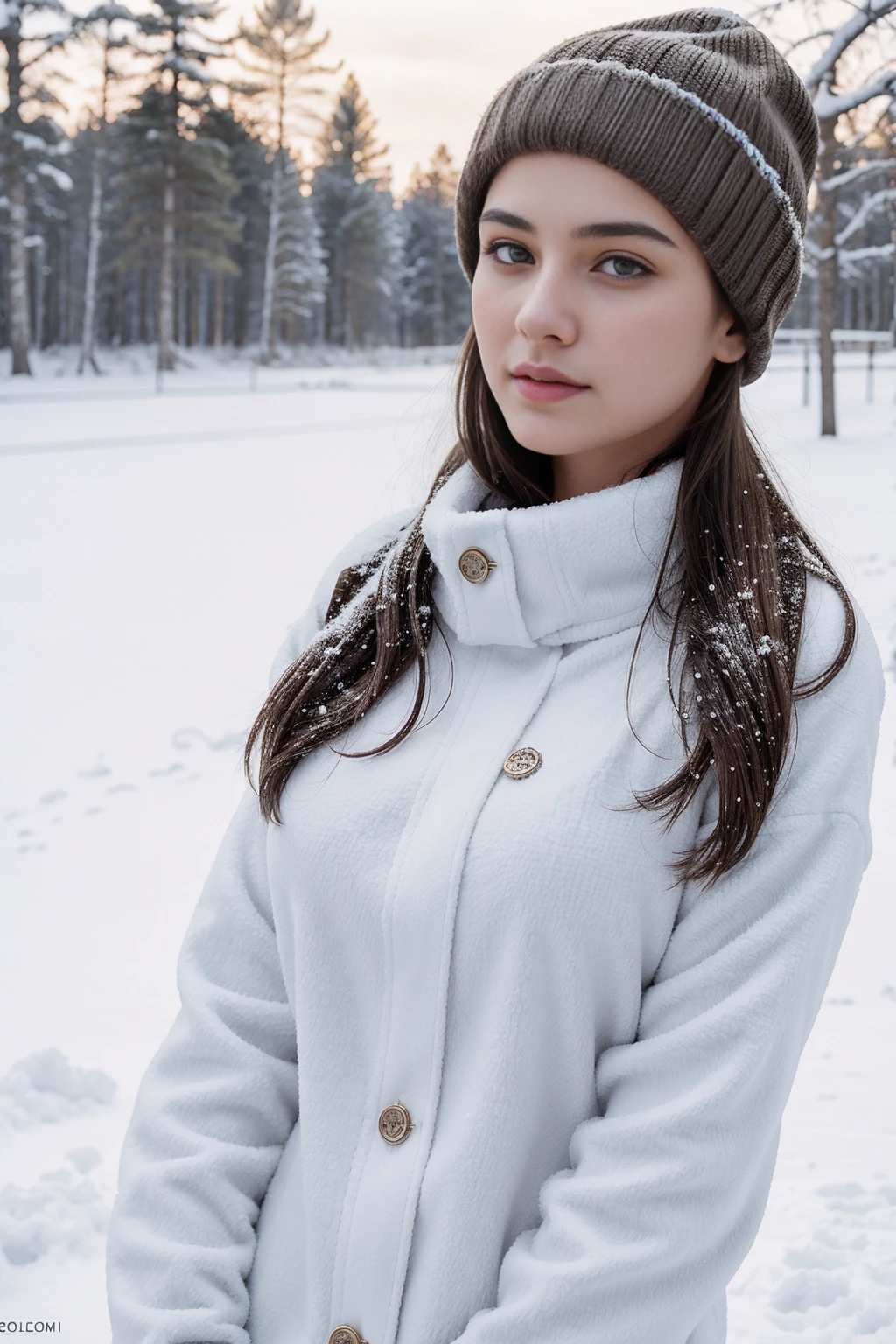 1girl 16 year old, solo, big breasts, back facing viewer, she is looking away from view, blonde hair, brown eyes, jewelry, full body, lips, realistic, nose, flirting with camera, sexy, realistic, high detail, 4k photo, high detail,, sexy perfect anatomy, perfect symmetry, soft lights, outside, wintery scene, cold, snow,, high details, photo quality, super real, winter outfit, warm hat on,