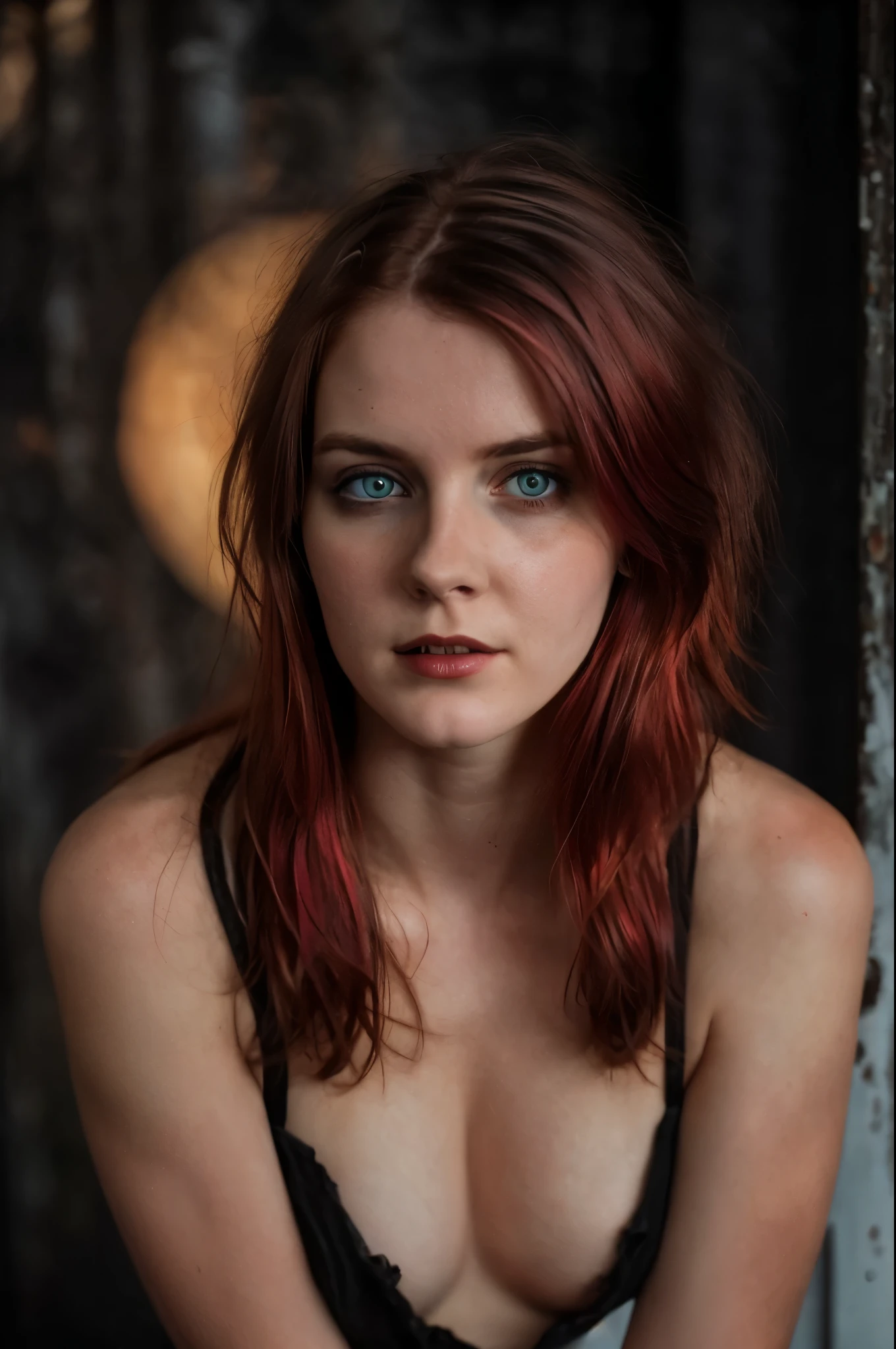 (Realisttic:1.2), analog photo style, cute woman with short black-red multicolored hair, red eyes, (Gloomy and dark atmosphere), soft natural light, faded colours, sexy, great quality, Masterpiece, detailed fantasy background, better performance, 16k quality, HDR, RAW photo