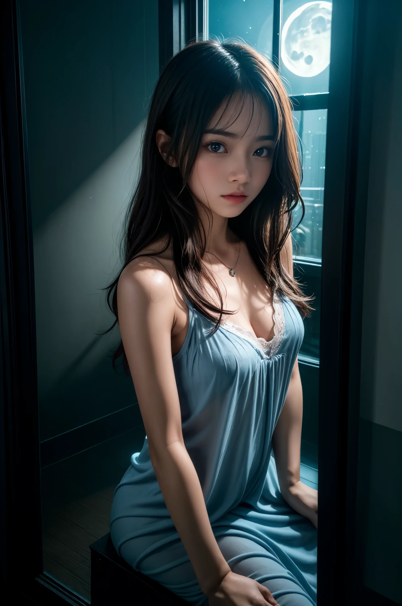 (Photoreal Stick:1.5, masutepiece:1.5, 8K), (top-quality, masterpiece, 超A high resolution), Perfect dynamic composition, Professional camera work:1.4, Highly detailed skin and facial texture:1.3, Mystical portrait:1.3, Grow Light Effect, The ultra-detailliert, 1girl in, ((Night view from inside the building, Pitch black room:0.9, The moonlight at night shines through the glass)), (Light blue nightgown), Model body type, Clear face, (Beautiful and seductive eyes:0.9, Enraptured look:1.0, i love you completely:0.8, A mouthfeel that feels beautiful eros:0.7), (Wet dark brown medium hair), the chest is medium, candles, a necklace, (Leaning against the window, Sit up), ((seductiv))