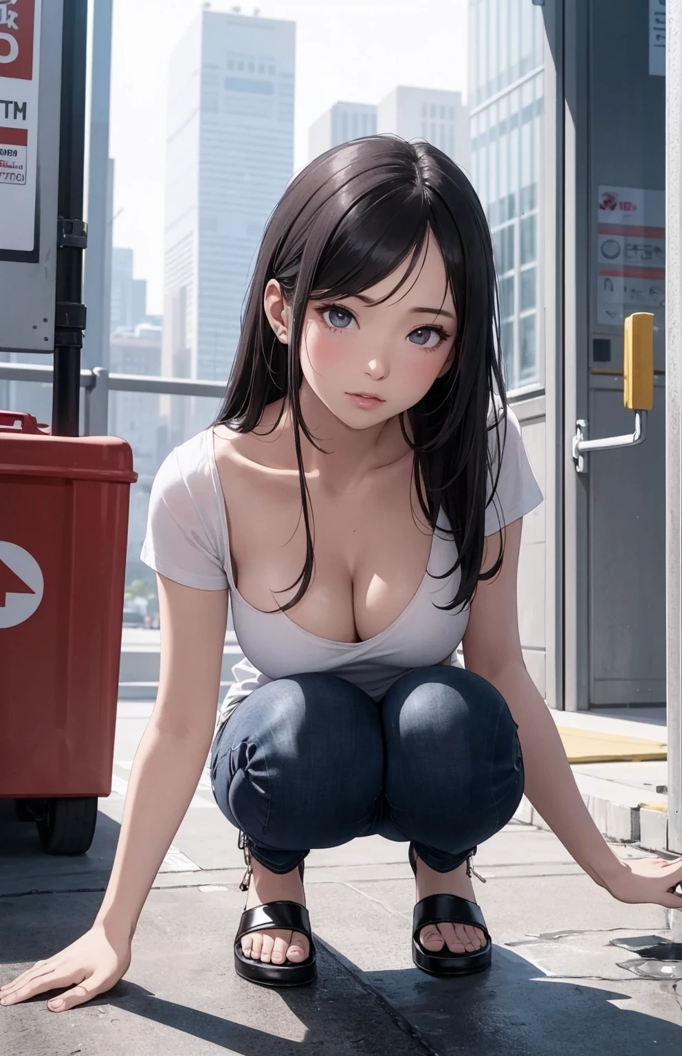 girl in summer clothes, jeans, squatting on the ground, black pantyhose, making as if she wants to kiss you, view from the viewer, long mid hair, medium breasts, cleavage, cityscape, flirtatious look, ((very detailed)), (perfectly detailed face), (well detailed hand) photorealistic image.