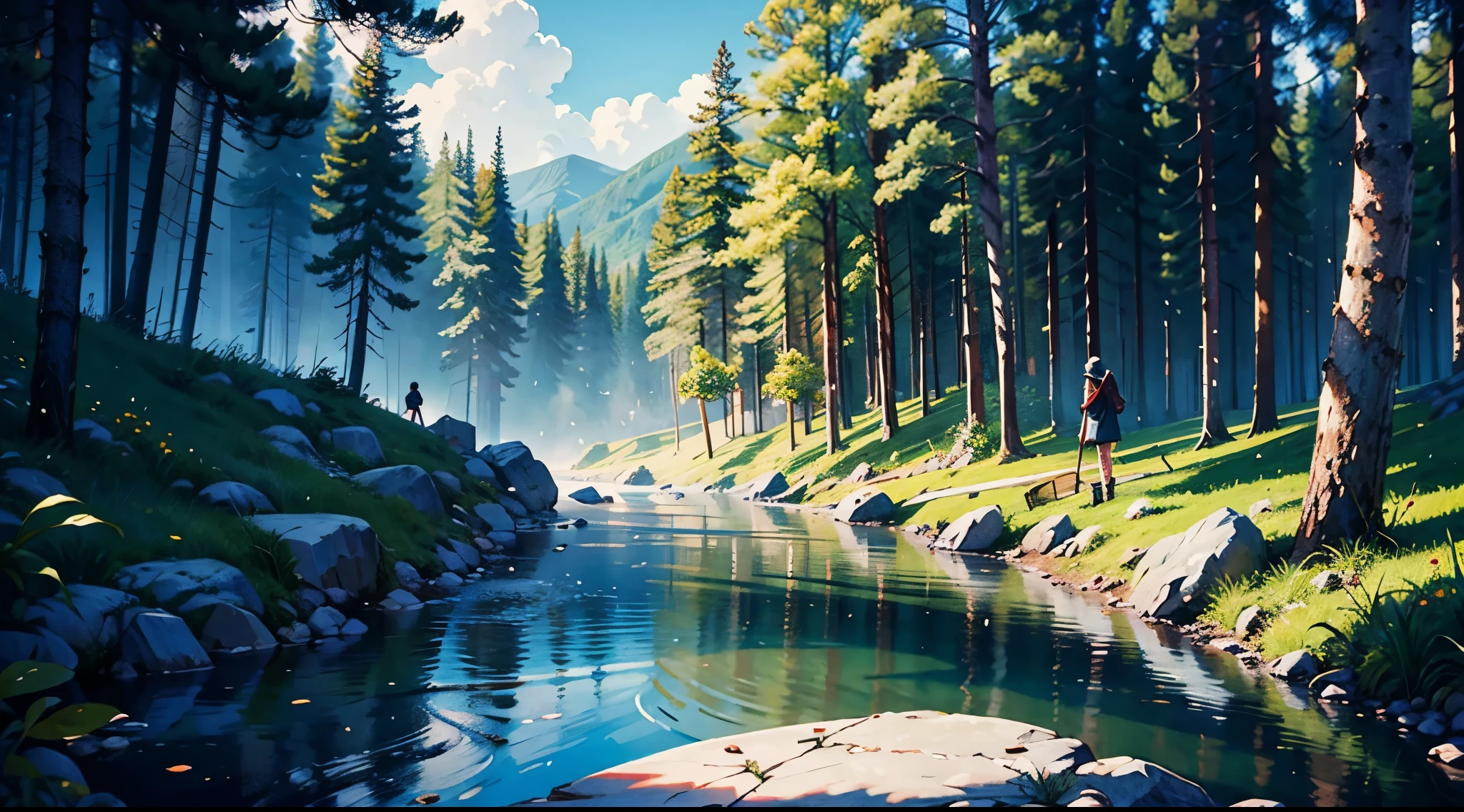 Best Quality、masutepiece、8K、Landscape painting、(Broken shrine、canny)、musgo:1.5、the woods、a river
