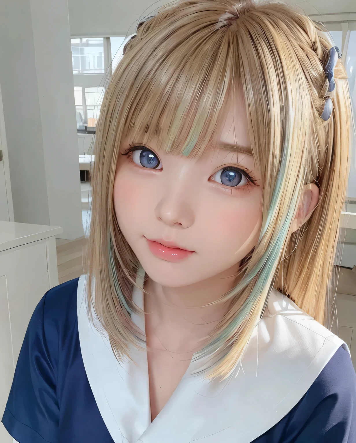 Very beautiful face、Super long silky blonde hair、Swaying bangs、************ cute 、 (Eyes with different colors on the left and right:1.5)、A neat and very cute beautiful girl、Pure white beautiful skin、young skin shiny on the cheeks,、School Uniforms、a sailor suit、bright expression、Back view