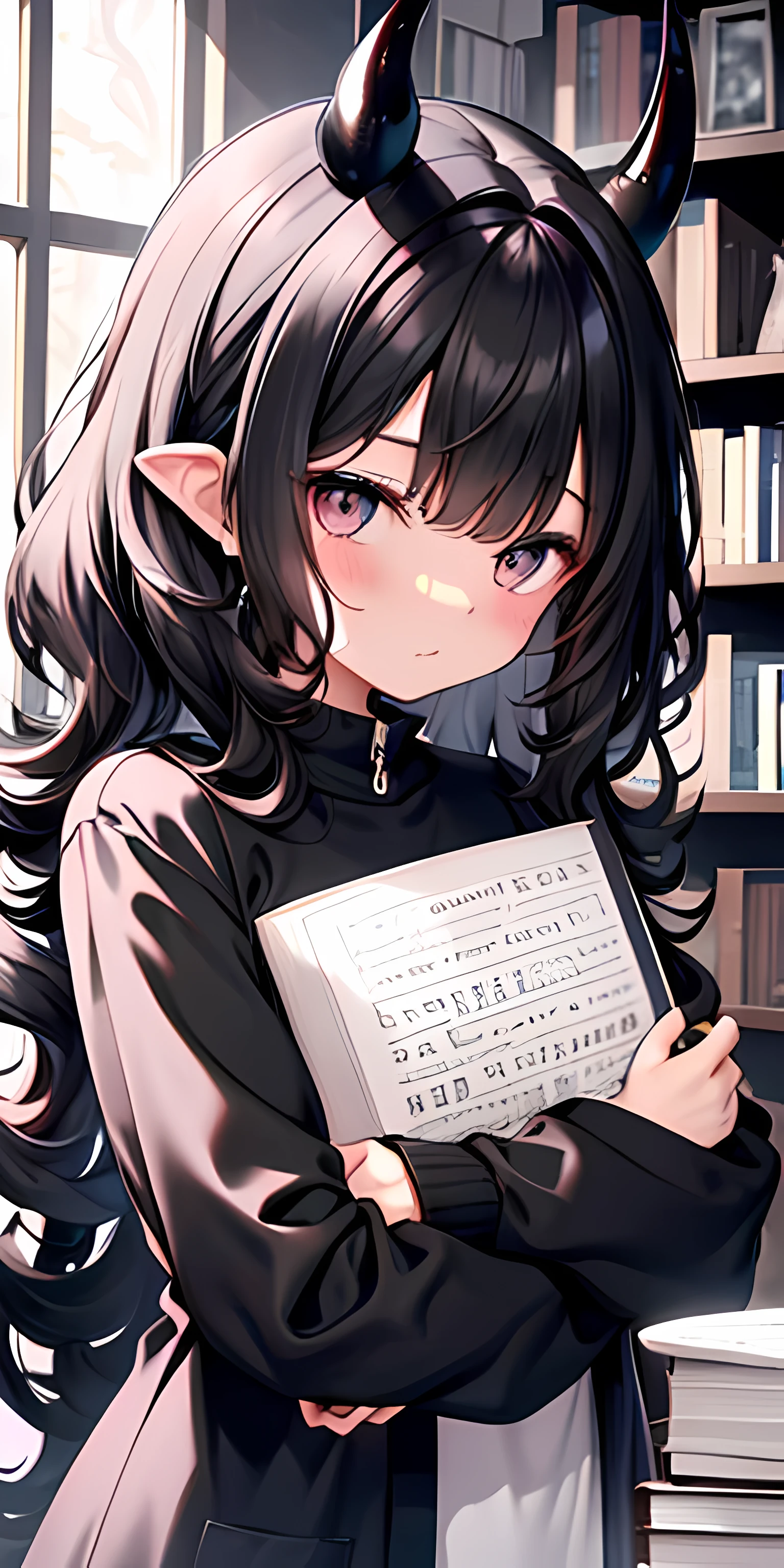cute big breasts cute demon,mold eye , curlies, supple hair, cute big breasts刘海,big horn,Soft and fluffy black and white, hug book, cute big breasts, Detailed pubic hair