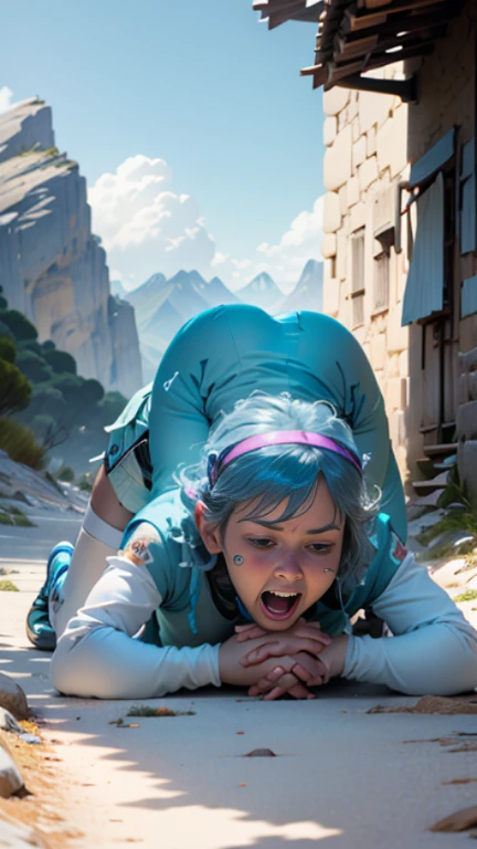 A woman on the ground on her hands and knees screaming, she has scaled pastel light blue Dousan wings coming out of her back, the settings on the mountains
