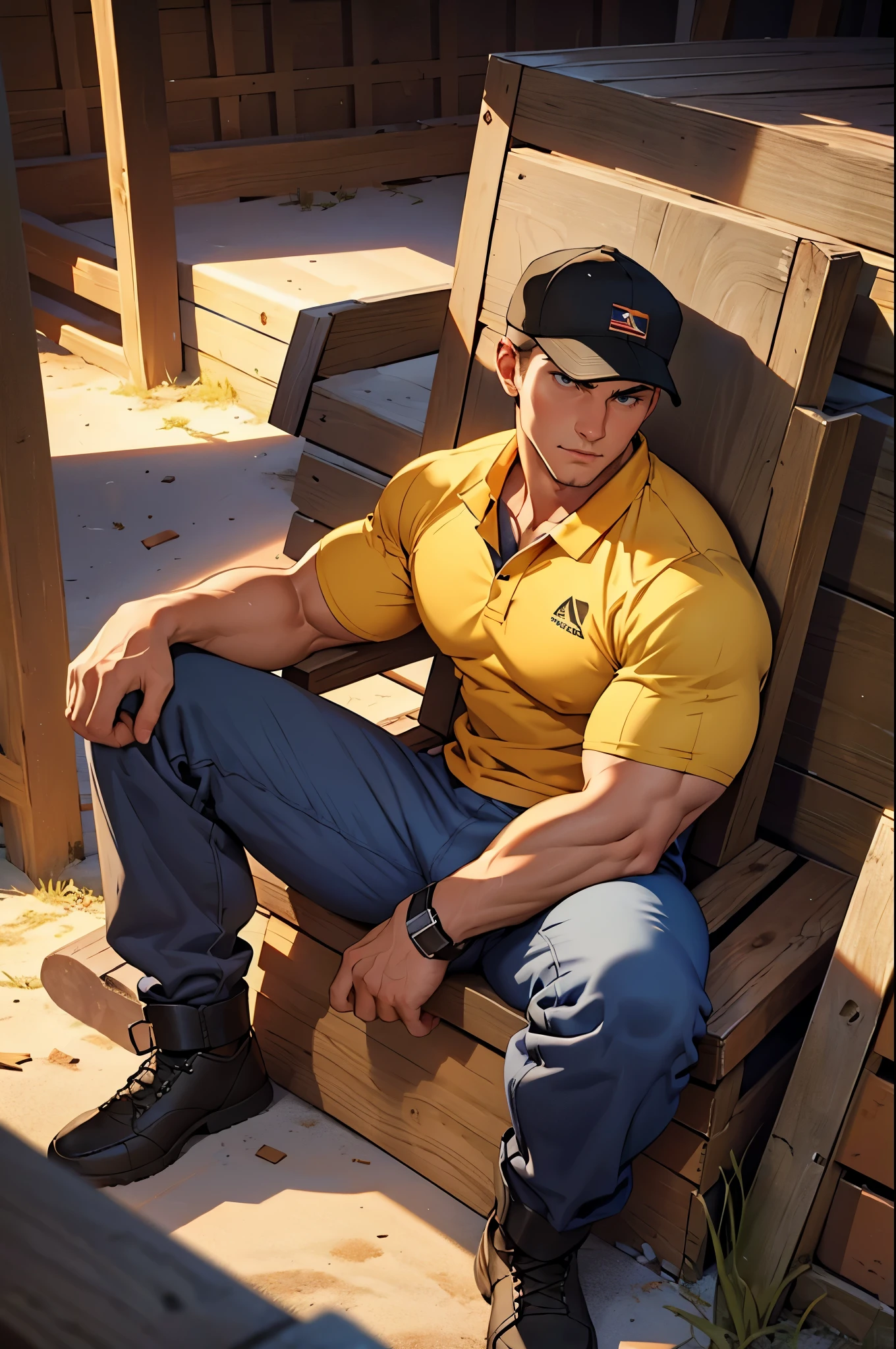 20 years old man, hay, bodybuilder, muscles, big hands, big feet, pants down, perfect hands, latissimus dorsi, broad shoulders, narrow waist, muscular chest, handsome, young, masculine, farmer, loft, sleeping, fantasy, hat off, laying down hay, loft, hay loft, barn, shadows, cinematic lighting