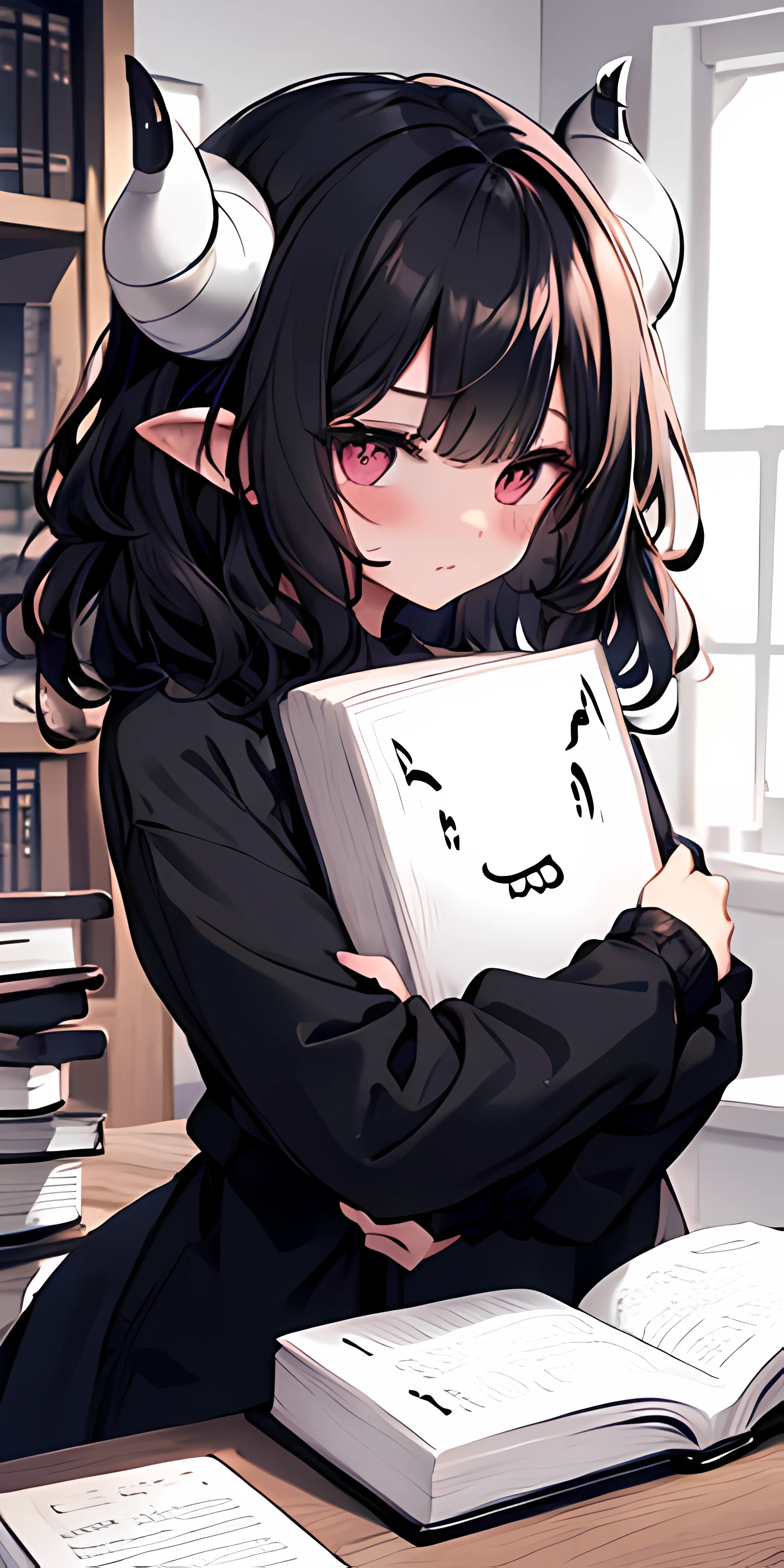 cute big breasts cute demon,mold eye , curlies, supple hair, cute big breasts刘海,big horn,Soft and fluffy black and white, hug book, cute big breasts, Detailed pubic hair