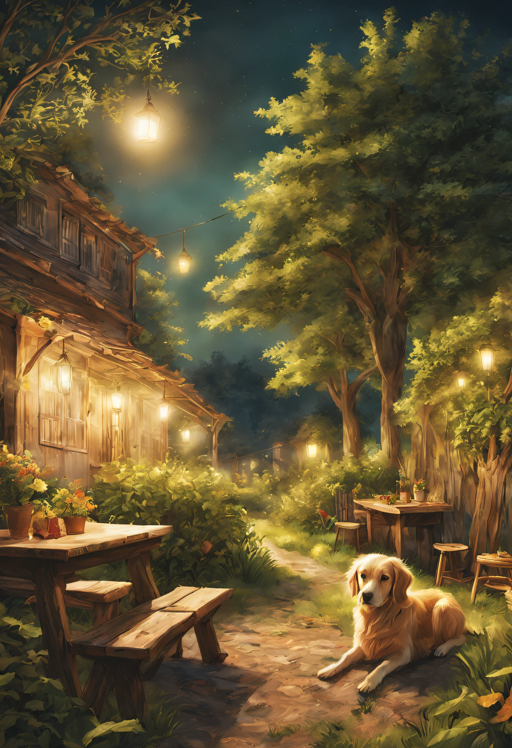 Summer nights(nighttime scene.cold light)As estrelas.themoon.glowworm.Farm plantation with wooden table、Farmhouse garden with chairs and vegetables,There is a little yellow dog sleeping on the ground. Warm street lights.Night light.The beautiful.𝓡𝓸𝓶𝓪𝓷𝓽𝓲𝓬.delicateelegance.Green meadow.stylized photography,Super detailed description of the scenery.（Super quality，Super meticulous，super complex，extremly intricate）Soft and natural light and shadow..ultra-wide-angle, (Detailed texture),Background covered with film grain, Natural soft light,(nighttime scene.Fresh and warm light and shadow)Ray traching, vignetting, wide wide shot, ultra-wide-angle, Best quality at best.The picture is colorful