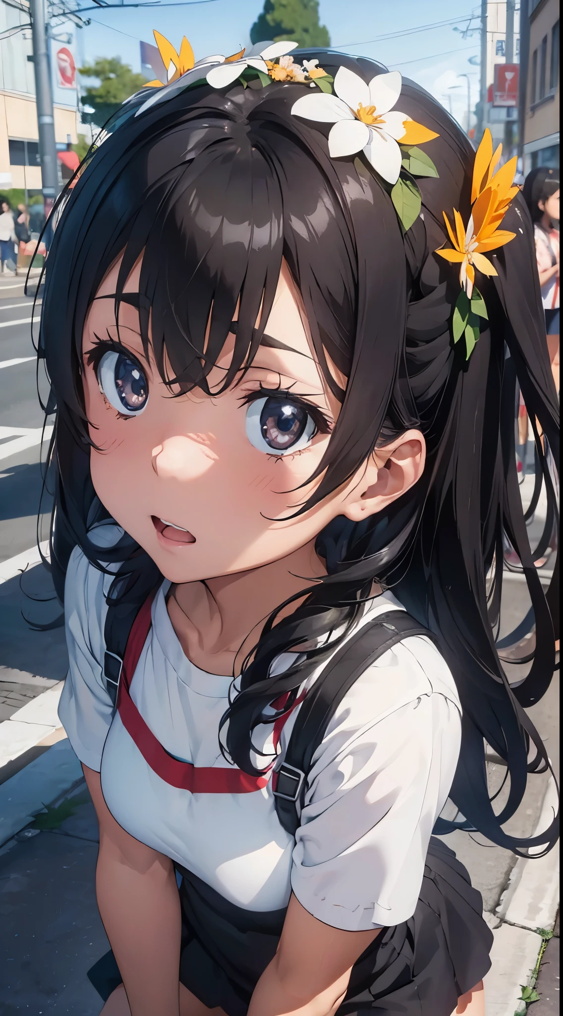 1womanl,Black hair,12year old ,((Impatient expression)),Beautiful breasts,(((sexy magical girl,White shiny high-leg bodysuit)))(())(((Blushing cheeks、Surprised look)),(((Nariko Saten))),((( portlate))),We have blue eyelashes)))()Street,Crowds(magical girl hair ornament)