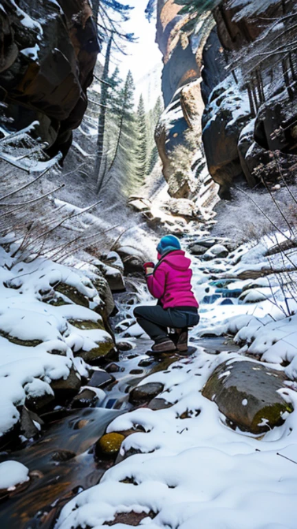 A woman on the ground on her hands and knees screaming, she has scaled pastel light blue Dousan wings coming out of her back, the settings on the mountains
