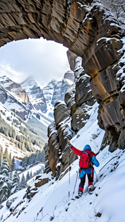A woman on the ground on her hands and knees screaming, she has scaled pastel light blue Dousan wings coming out of her back, the settings on the mountains