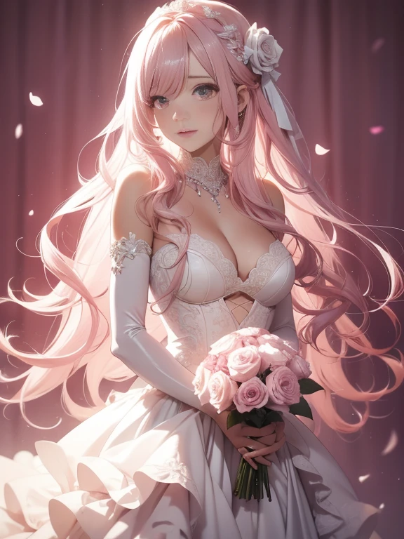 long light pink hair，Light pink wedding dresses，8k wallpaper，detailedbackground，Highest high resolution，Deep V Big，Hair covering one eye，Bandeau Wedding Dress，chies，white roses and pale pink roses，tight fitted，Stockings