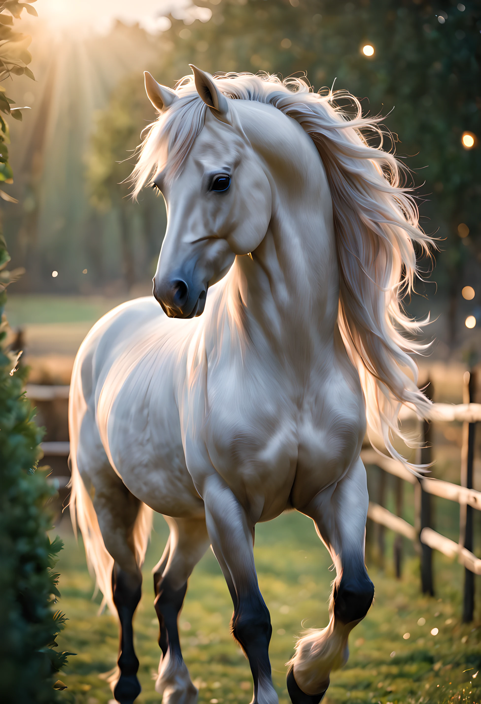 (Best quality,absurdres,masterpeice:1.4), a cute horse, in soft pastel colors, glitter, light bokeh, dynamic angle, natural soft lighting, 8k resolution, illustration, farm background