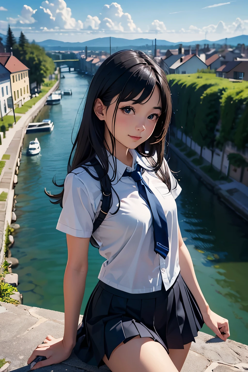 very cute and beautiful school girl,teen,(highly detailed beautiful face and eyes:1.2), (smile),black hair,seifuku,(pleated navy blue mini skirt),skirt lift,white panties,dynamic angle,looking at viewer, many european houses with red roof,(town overview:1.2),narrow river and stone bridge far away in distance,detailed landscape, (best quality,masterpiece:1.2),intricate details,extremely detailed,ultra-detailed,8k resolution,solo,natural lighting, hair fluttering in the wind,beautiful detailed sky,