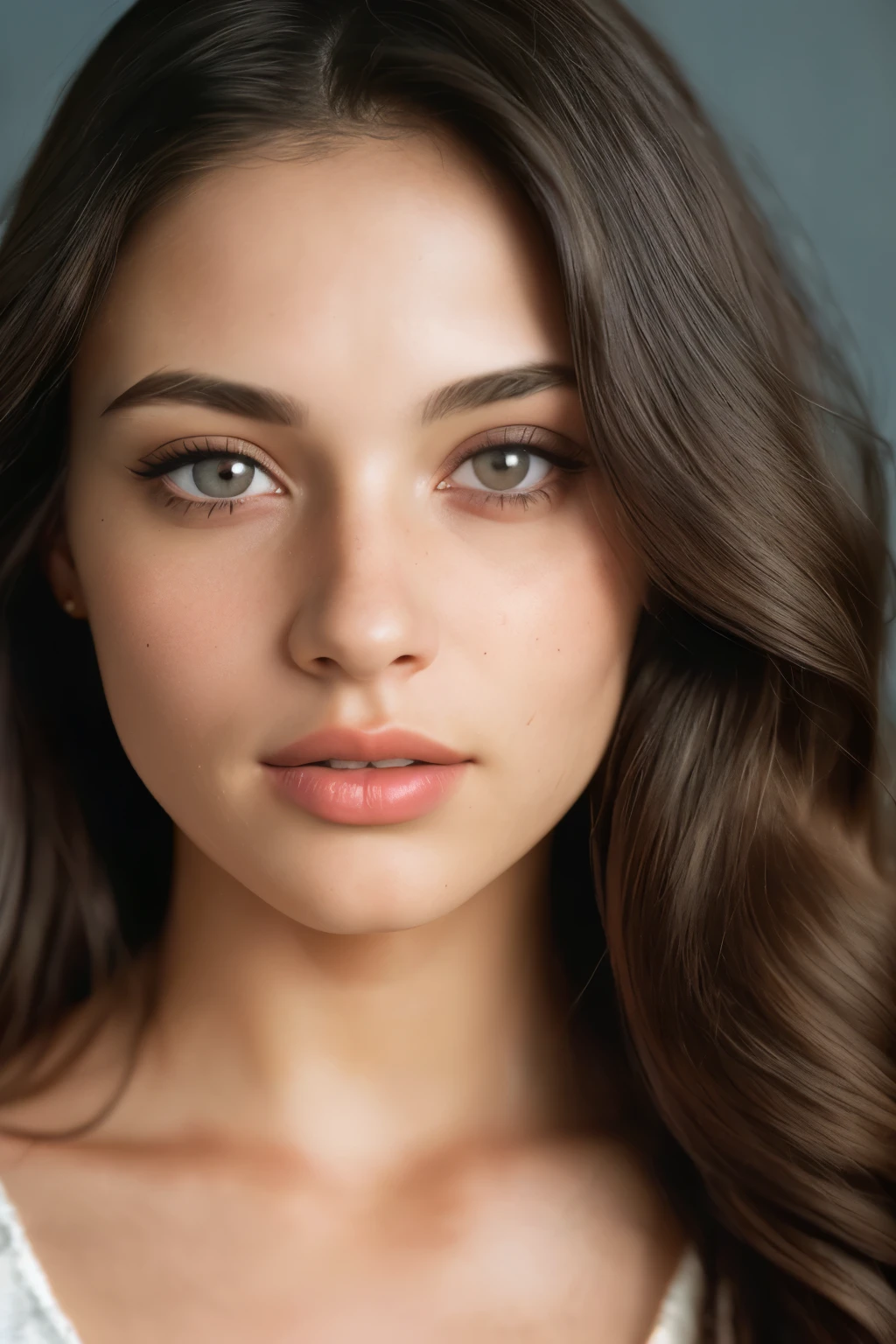 (close-up, editorial photograph of a 26 year old woman), (highly detailed face:1.4) dark hair, long wavy hair, natural light colored eyes, (smile:0.7) (background inside dark, private study:1.OV, by lee jeffries, nikon d850, film stock photograph ,4 kodak portra 400 ,camera f1.6 lens ,rich colors ,hyper realistic ,lifelike texture, cinestill 800,