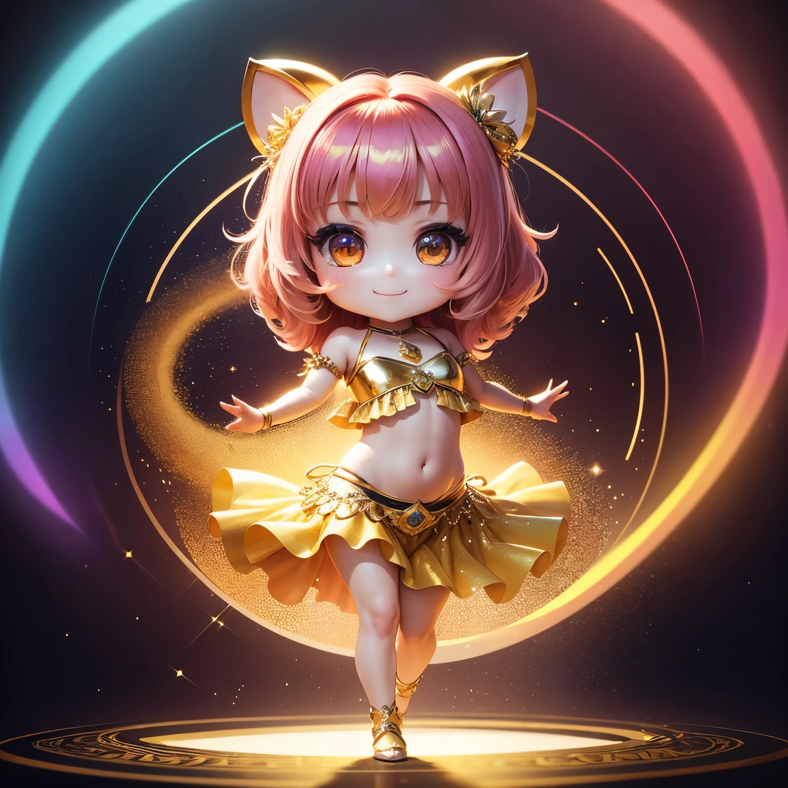 ​masterpiece、top-quality、ultra-detailliert、(Chibi Chara's Daughter:1.2),Belly dance,rainbow costume,Gold background,mirror ball,The glitter shines,a smile,Full-body standing figure.dancing dancing