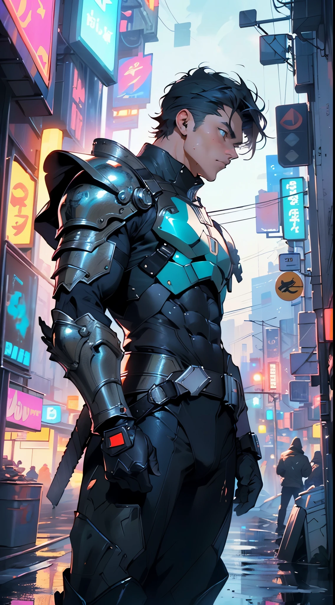 (man:1.5),muscular man in mecha armor,(((1man))),((man muscular in mecha armor)),

((exaggerated muscles,exaggerated shoulders,very muscular and huge)),man chest,((((muscular,muscular man,tall,big biceps,abs,big thighs,broad shoulders)))),

mandalorian helmet,underwater armor,mecha armor,full of weapons,((LED lights, RGB lights,black and neon blue armor)),((wet armor,intricate armor,detailed armor)),

(dynamic pose:1.0),solo focus,(centered,scale to fit dimensions,Rule of thirds),

cyberpunk city by the ocean at night, with bright neon signs and dark stormy clouds and puddles, scenery:1.25,nighttime, starry night, cosmos,Very dark night that makes the neon lights stand out, very bright neon lights,nighttime, starry night, cosmos,

highres, sharp focus, (ultra detailed, extremely detailed), (photorealistic artwork:1.37),(extremely detailed CG unity 8k wallpaper),((synthwave background theme)),(((vibrant colors))),(intricate background),(masterpiece),(best quality),