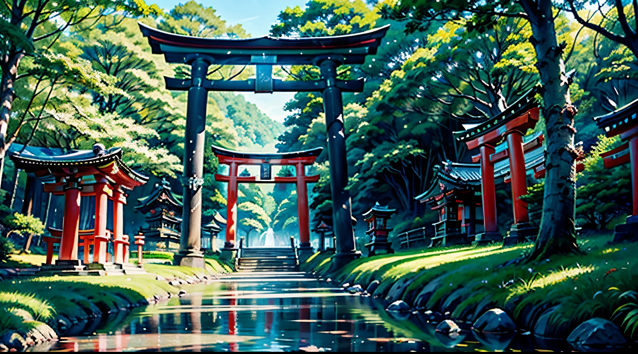 Best Quality、masutepiece、8K、Landscape painting、torii gate、(shrines、musgo:1.5)、the woods、a river