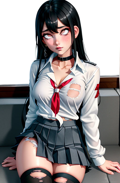 (full figure:1.1), 1 girl as yukino yukinoshita, absurdres, highres, solo, school uniform, small breasts, waist long black hair, (twintails:0.5), (pleated miniskirt:1.4), (black thighhigh socks:1.1), loose red ribbon, unbuttoned white shirt, (ahegao:1.5), (rolling eyes:1.5), (torn clothes:1.5), (naked breastss:1.2), spread legs,