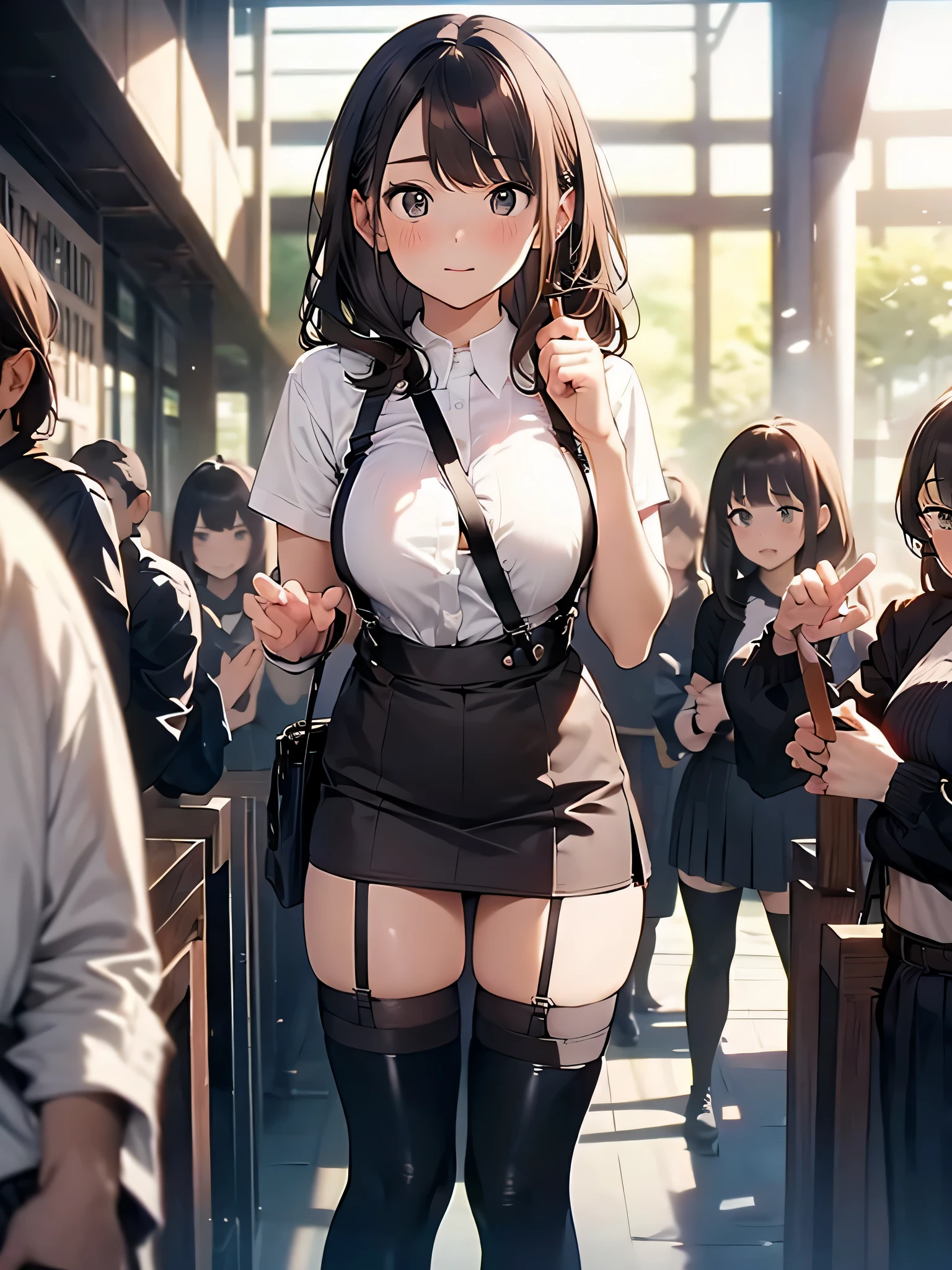 Brown hair、watching at viewers　　　black suspenders　　　bulging big tits　　 　 　　　walls: 　Black miniskirt　garters　　　　　　Gaze　　　a small face　bangss 　　　holster　　　Beautuful Women　　Hands up　　レッグholster ベッドに横たわる　　Gaze 　black boots panty shot　Provocation　flank　flank汗　Soio 　arms are