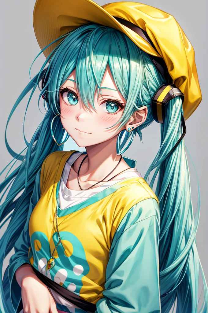 skistyle, miku hatsune, masutepiece, Best Quality, 1girl in, blush, aqua eyes, Cap, Closed mouth, earrings, hat, hoop earrings, Jewelry, Looking at Viewer, Shirt, Simple background, Solo, Upper body, yellow Shirt